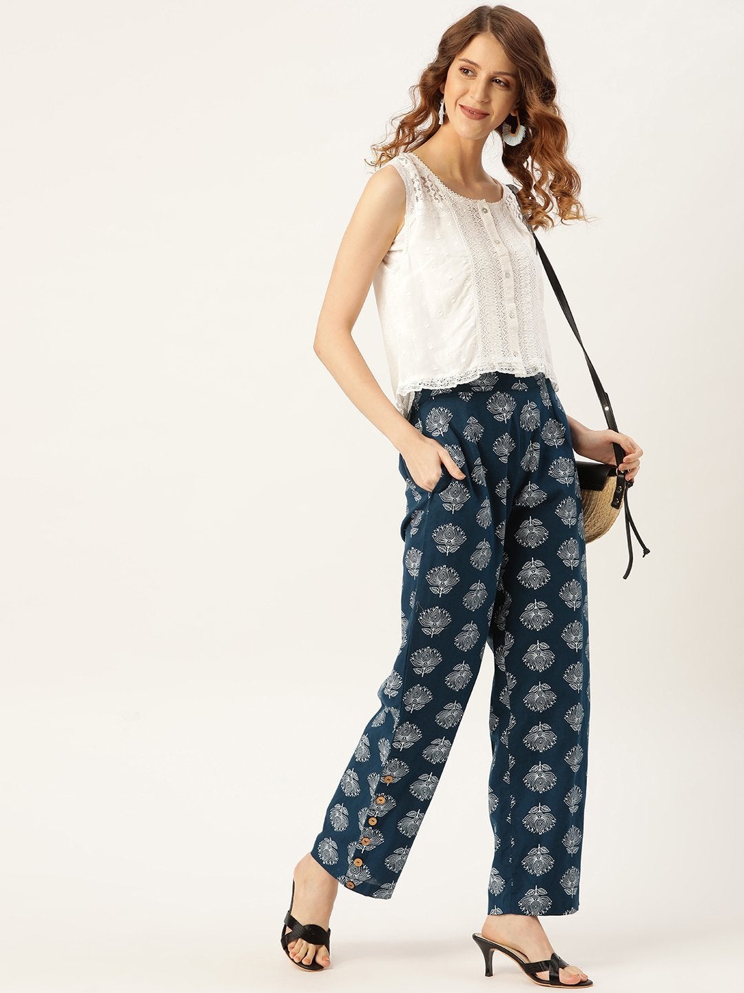 Women's Navy Lotus Print Side Button Pants - SASSAFRAS