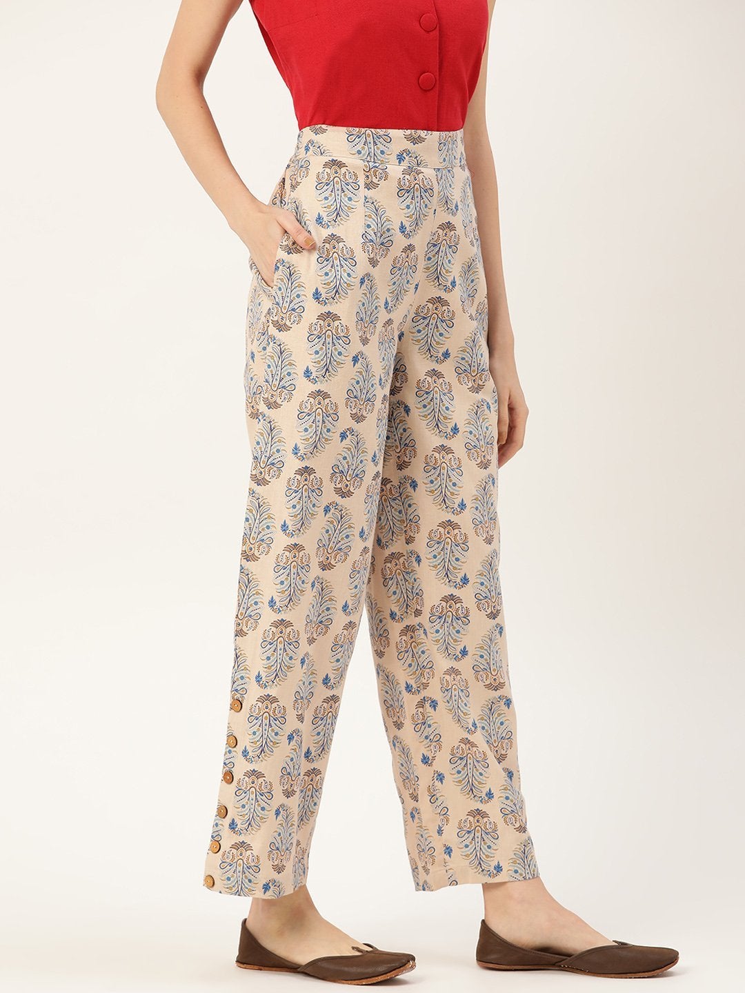 Women's Beige Paisely Side Button Pants - SASSAFRAS