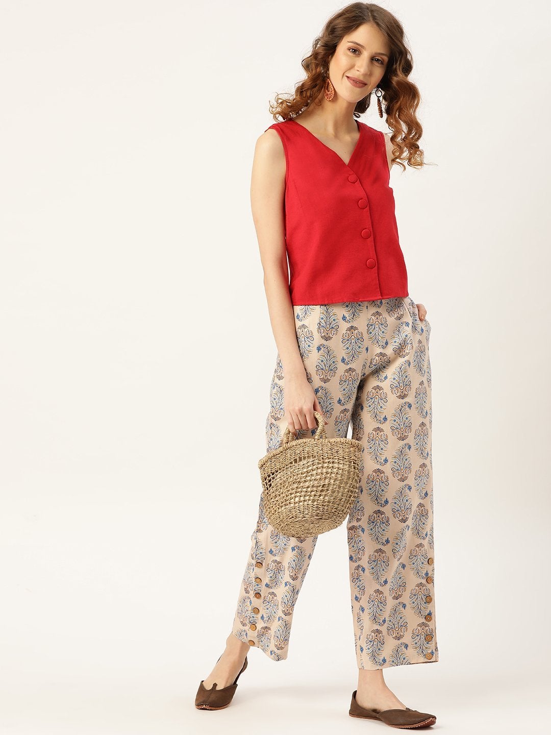 Women's Beige Paisely Side Button Pants - SASSAFRAS