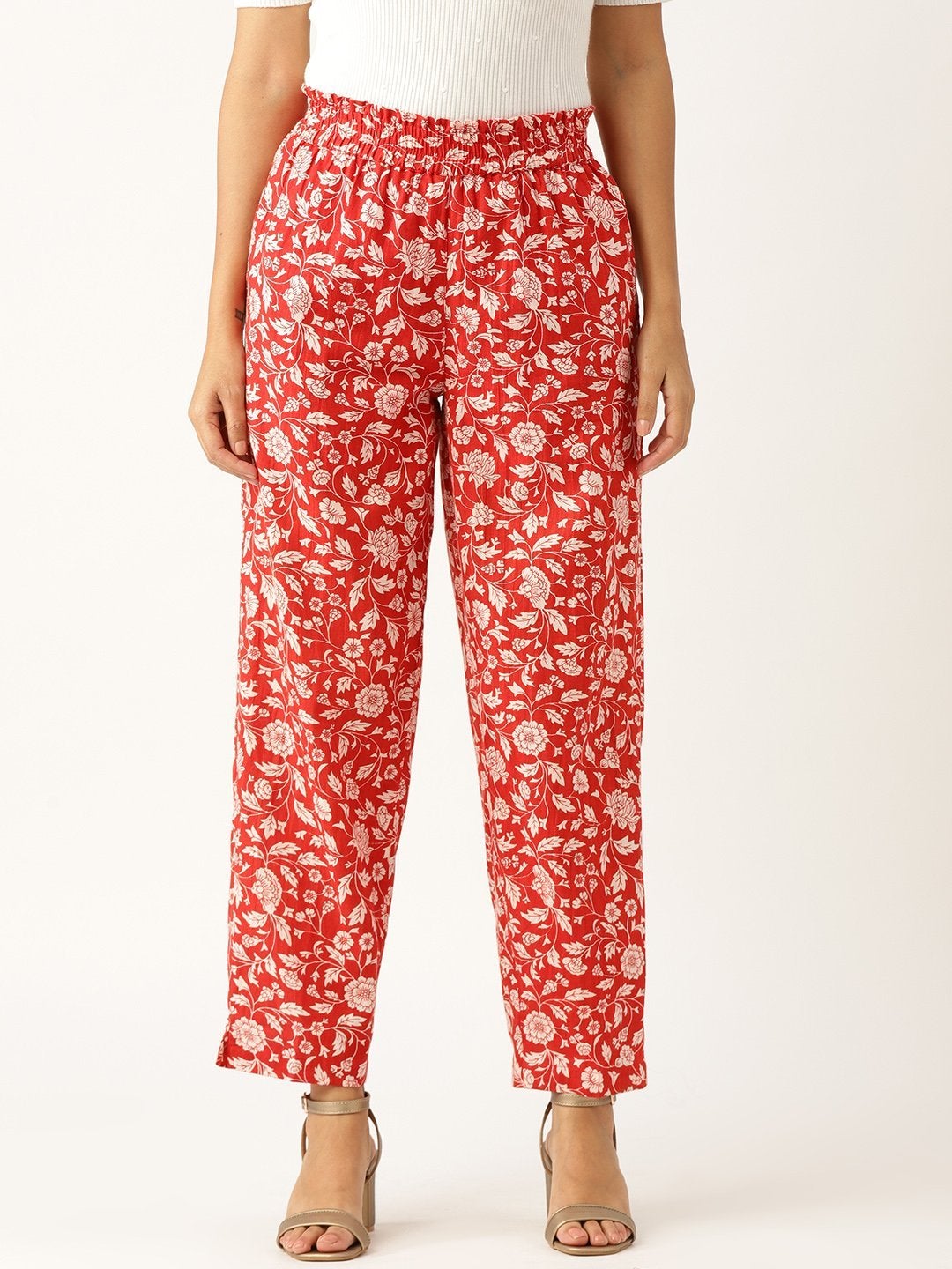 Women's Red Floral Paperbag Tapered Pants - SASSAFRAS