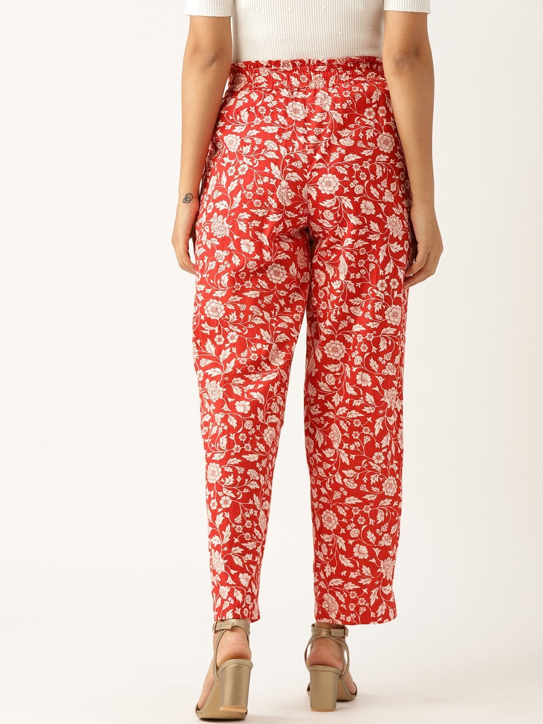 Women's Red Floral Paperbag Tapered Pants - SASSAFRAS