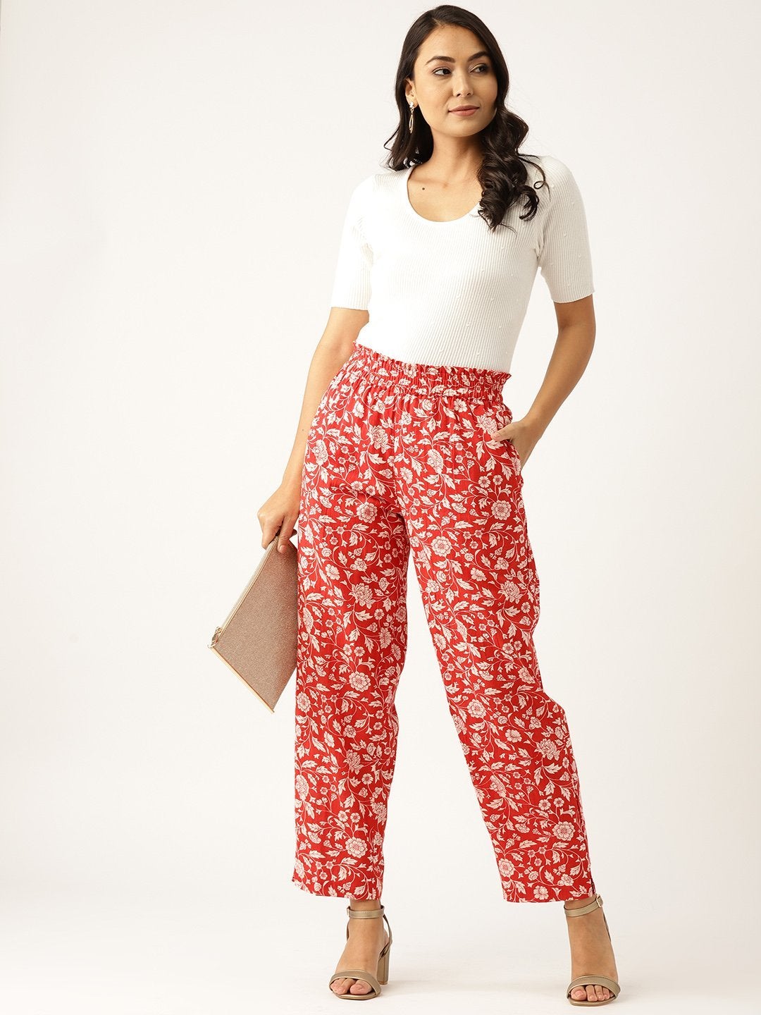 Women's Red Floral Paperbag Tapered Pants - SASSAFRAS