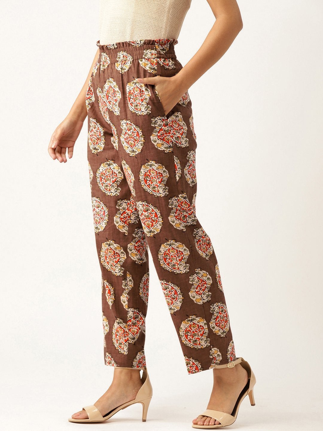 Women's Brown Paisely Paperbag Tapered Pants - SASSAFRAS