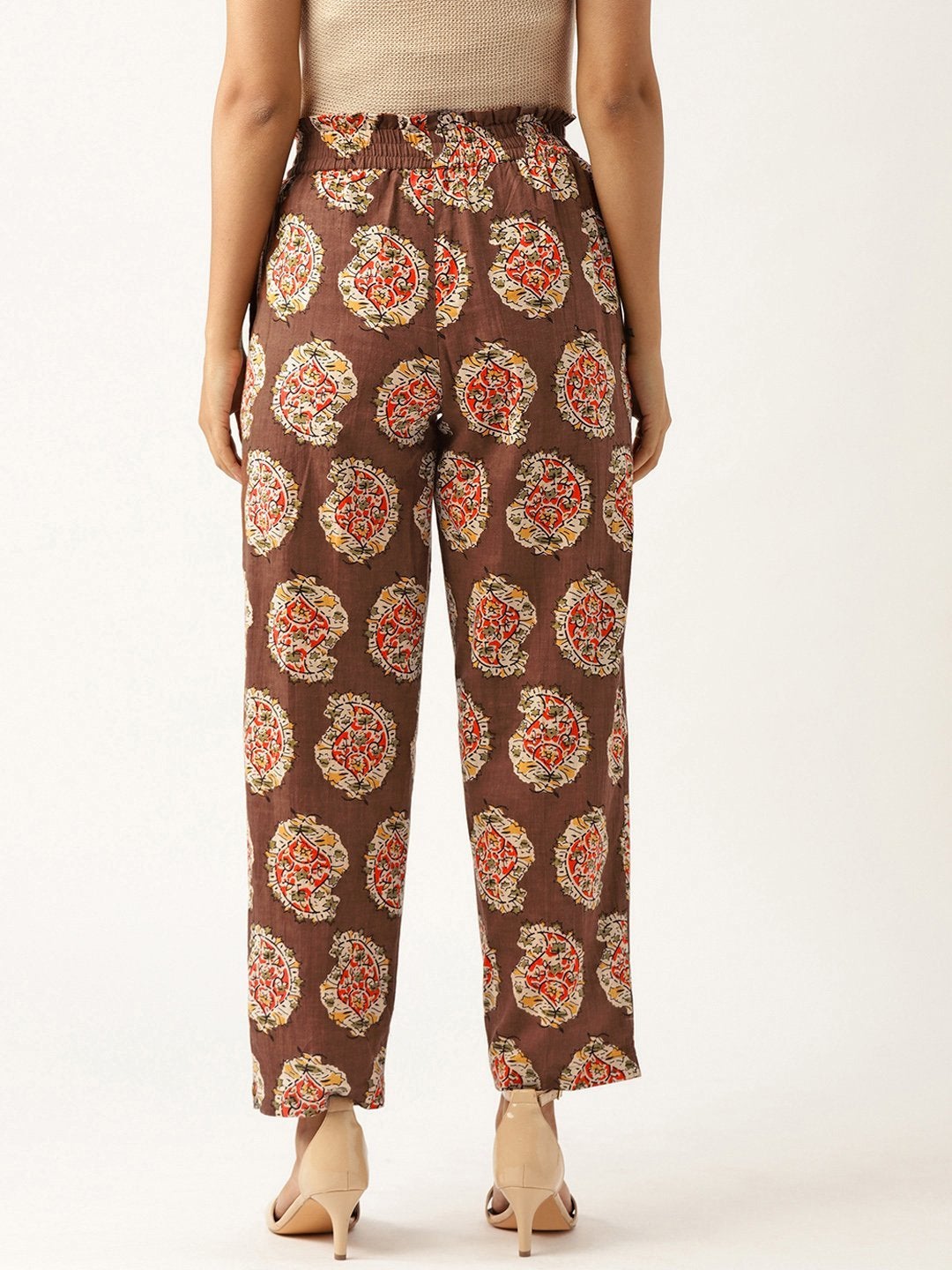 Women's Brown Paisely Paperbag Tapered Pants - SASSAFRAS