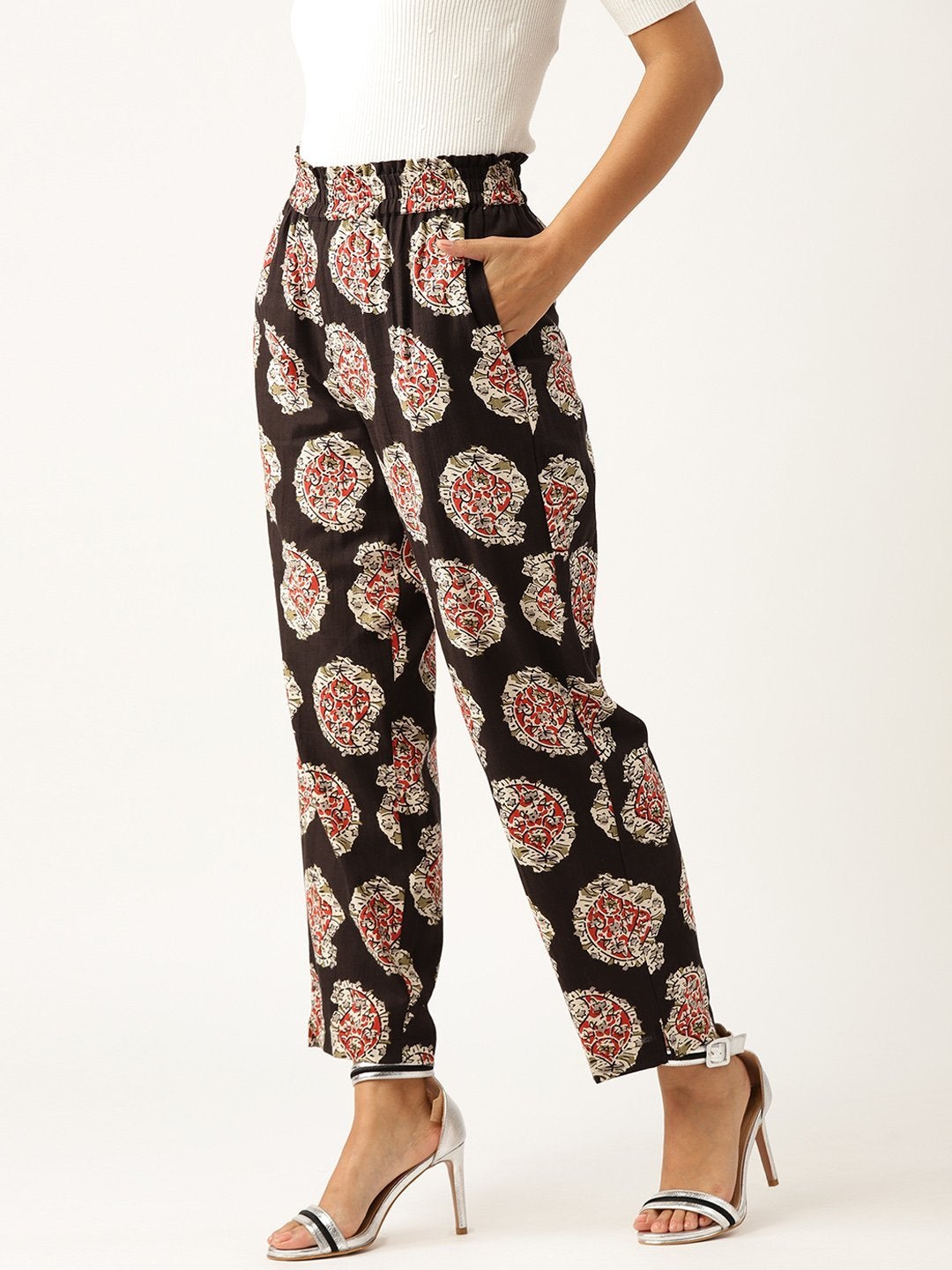 Women's Black Paisely Paperbag Tapered Pants - SASSAFRAS