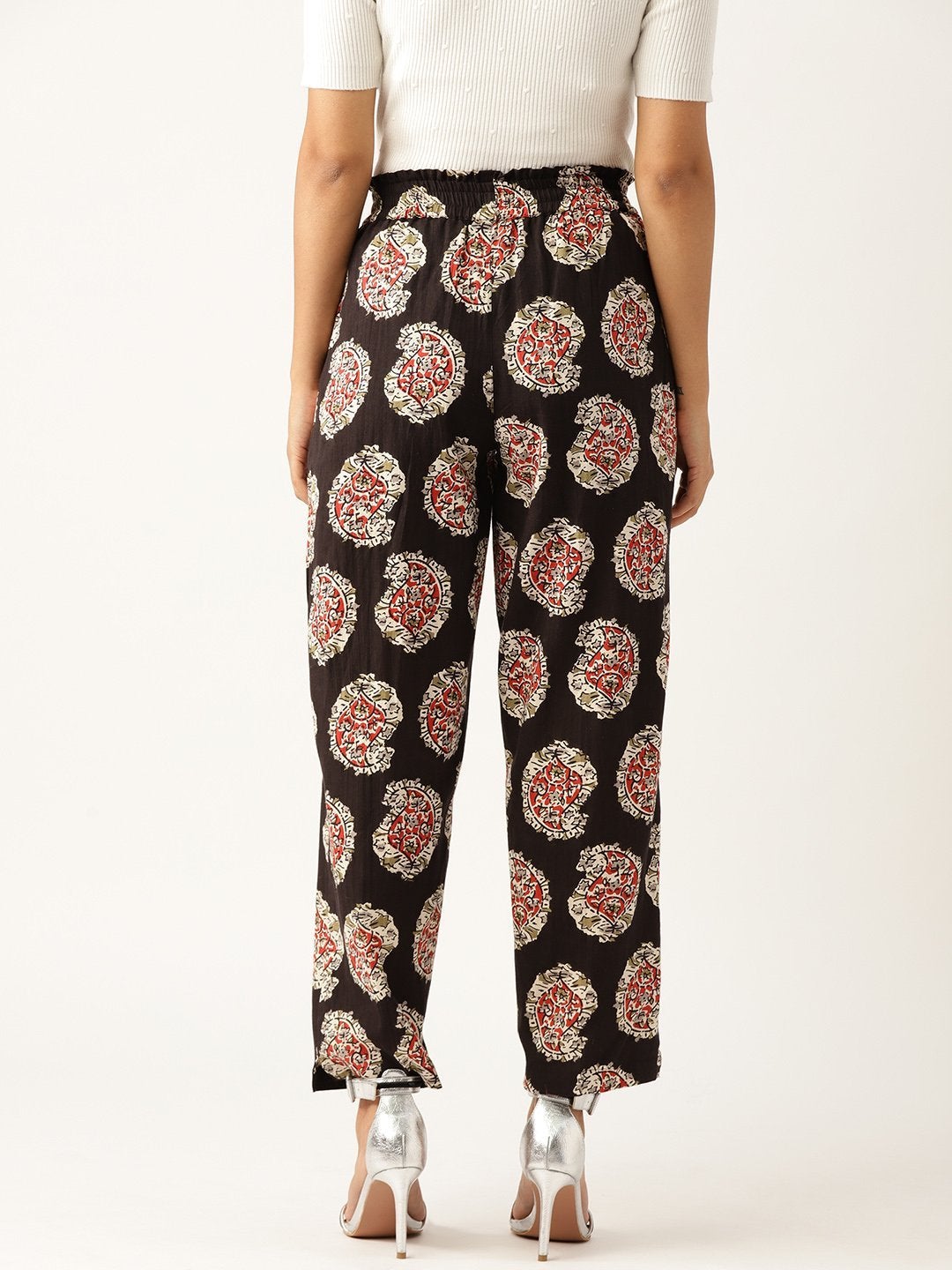 Women's Black Paisely Paperbag Tapered Pants - SASSAFRAS