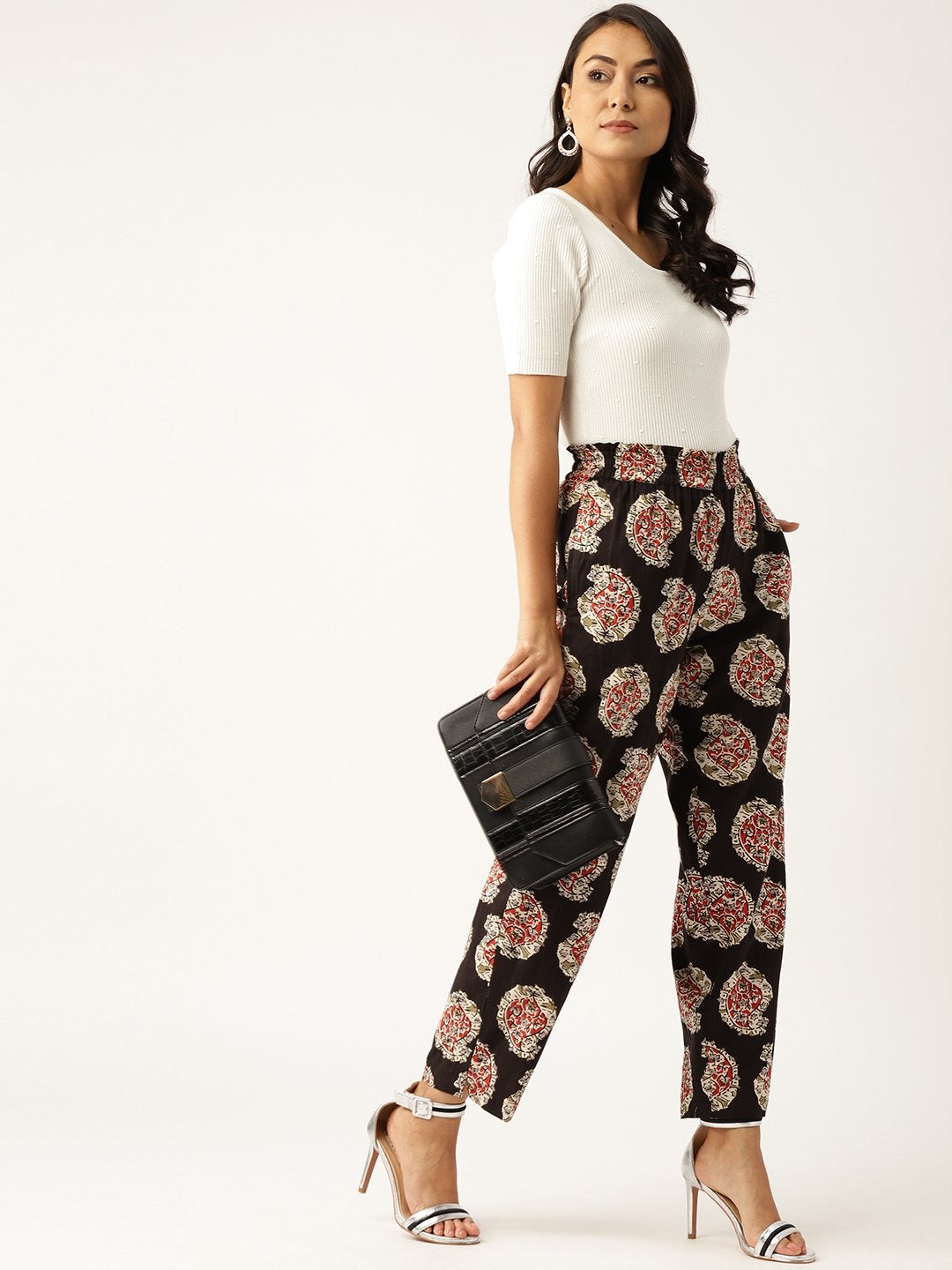 Women's Black Paisely Paperbag Tapered Pants - SASSAFRAS