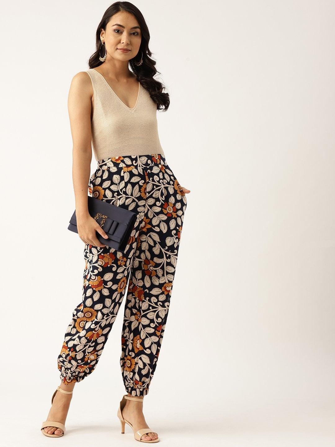 Women's Navy Floral Cuffed Pants - SASSAFRAS