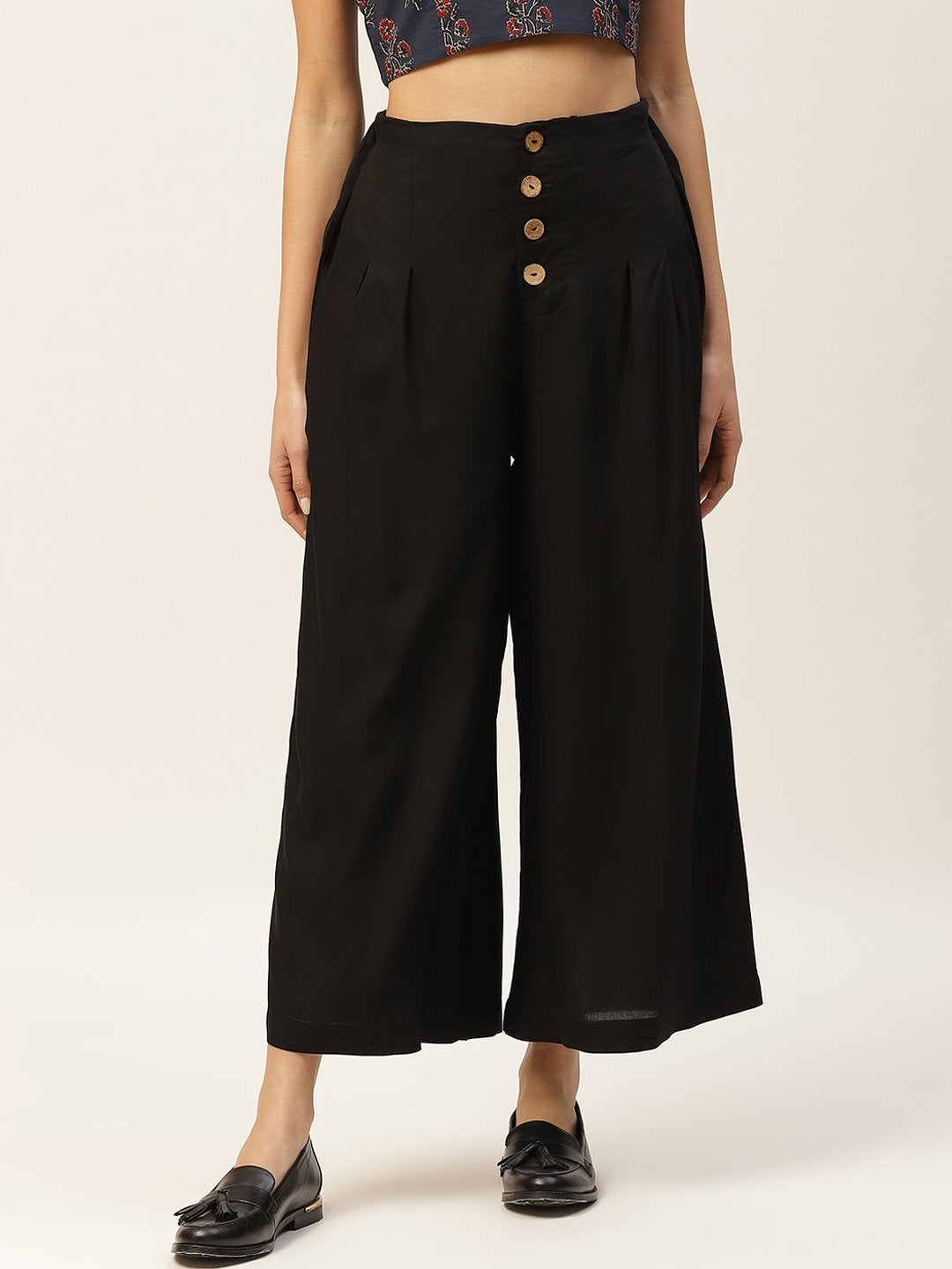 Women's Black Front Button Pleated Culottes - SASSAFRAS