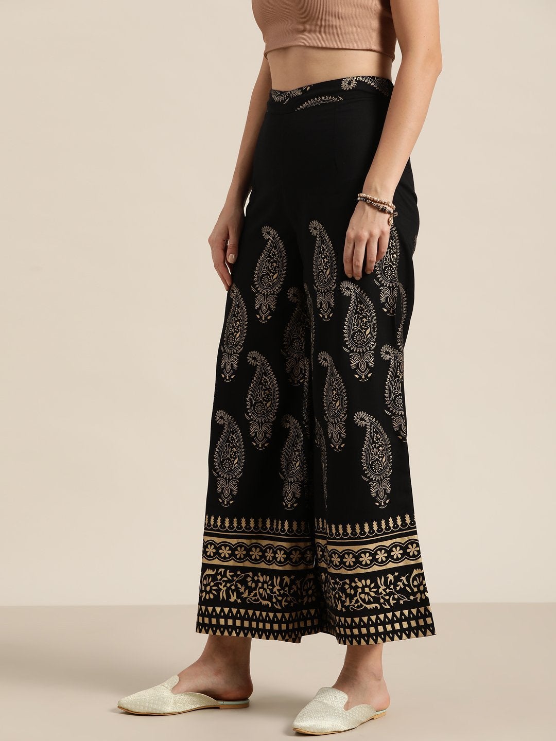 Women's Black Paisely Foil Print Flared Palazzo - SHAE