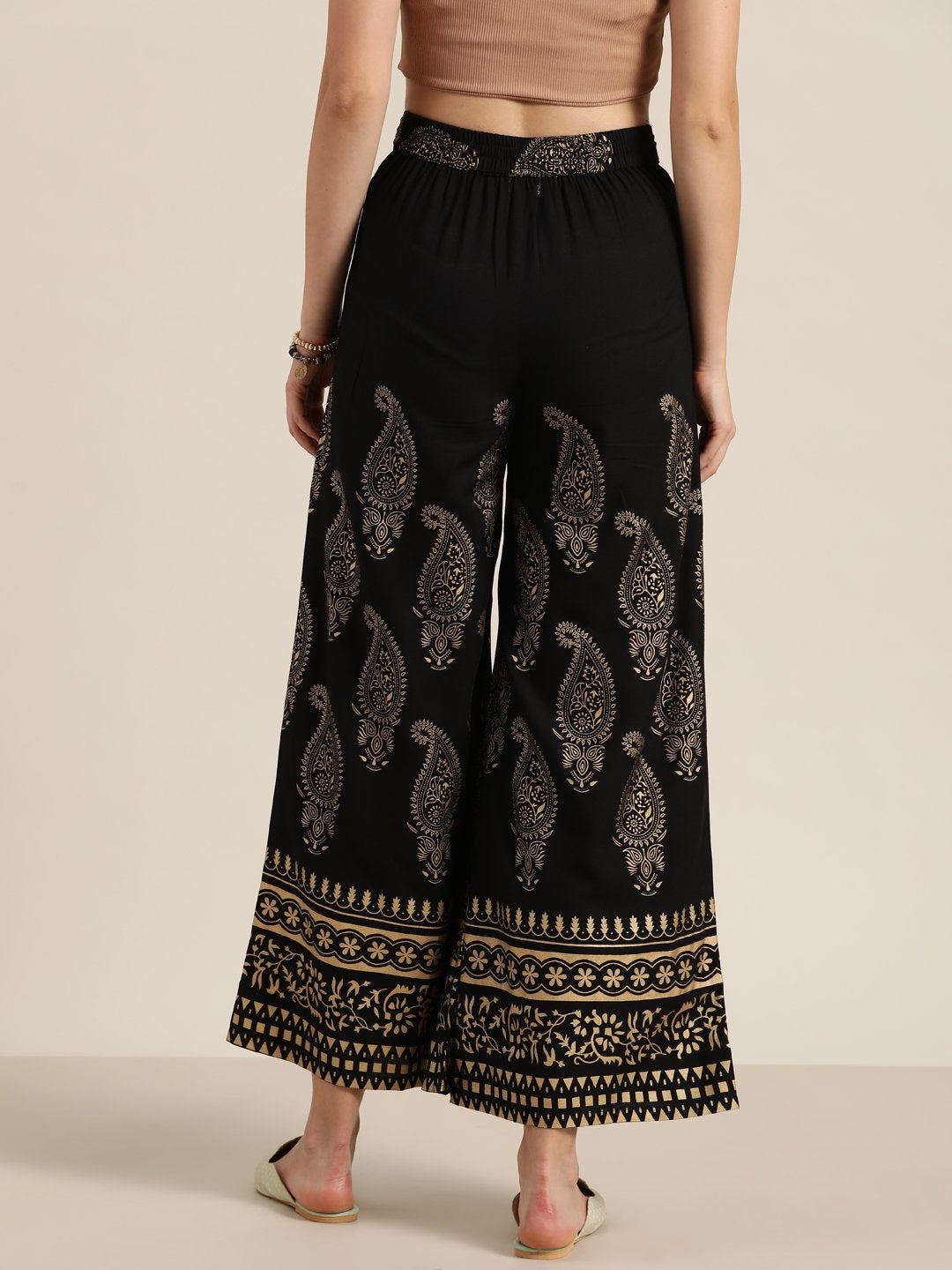 Women's Black Paisely Foil Print Flared Palazzo - SHAE