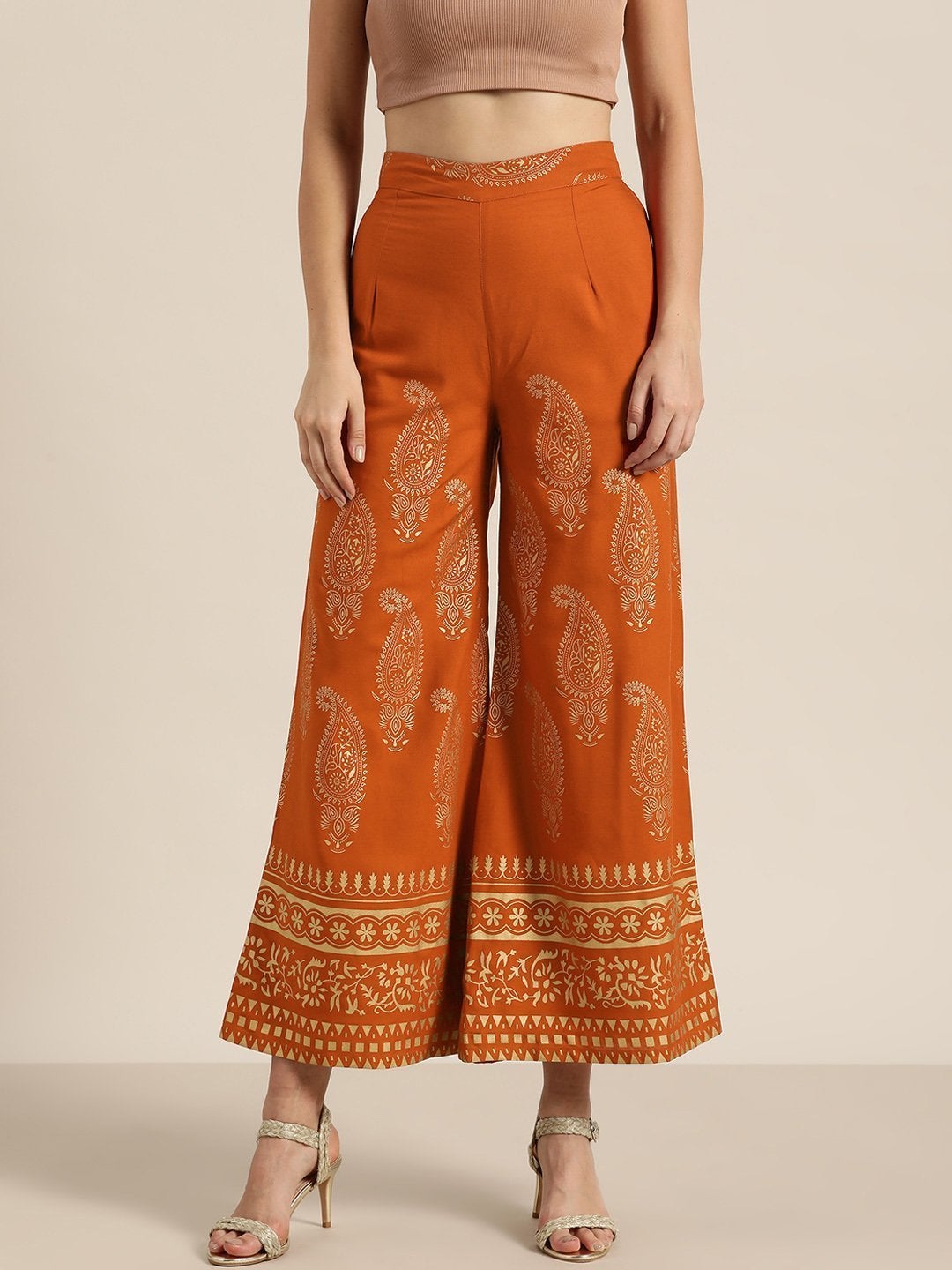 Women's Rust Paisely Foil Print Flared Palazzo - SHAE