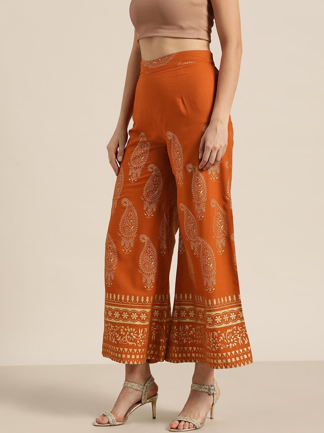 Women's Rust Paisely Foil Print Flared Palazzo - SHAE