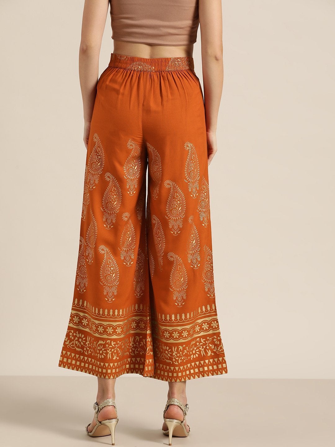 Women's Rust Paisely Foil Print Flared Palazzo - SHAE