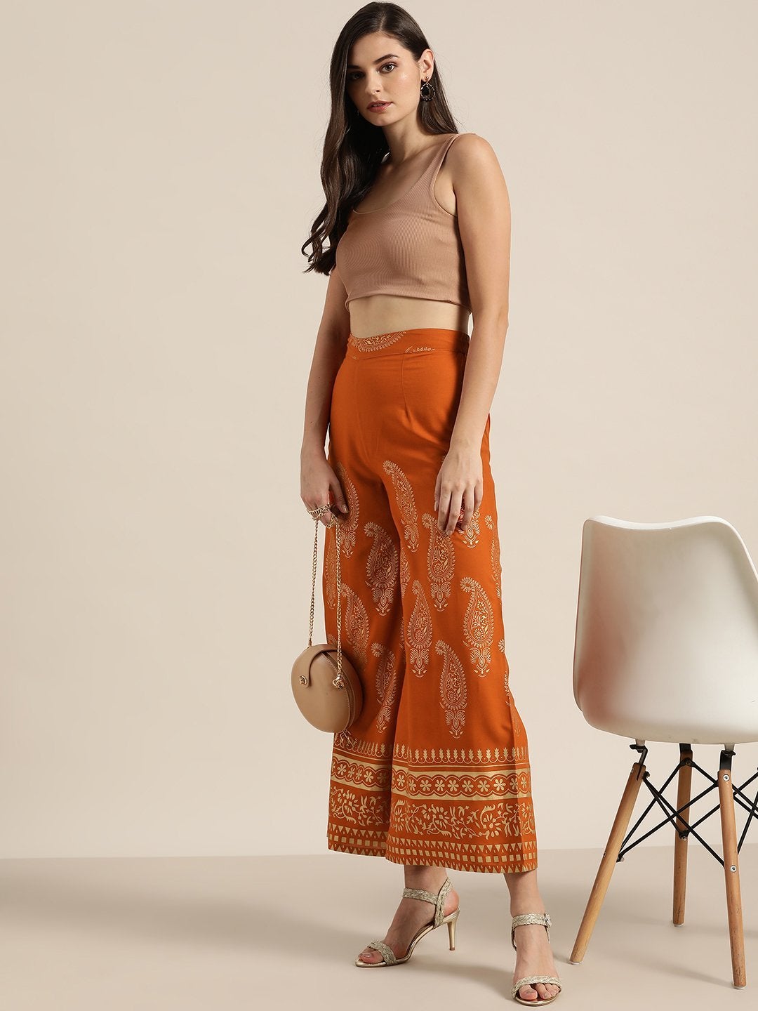 Women's Rust Paisely Foil Print Flared Palazzo - SHAE