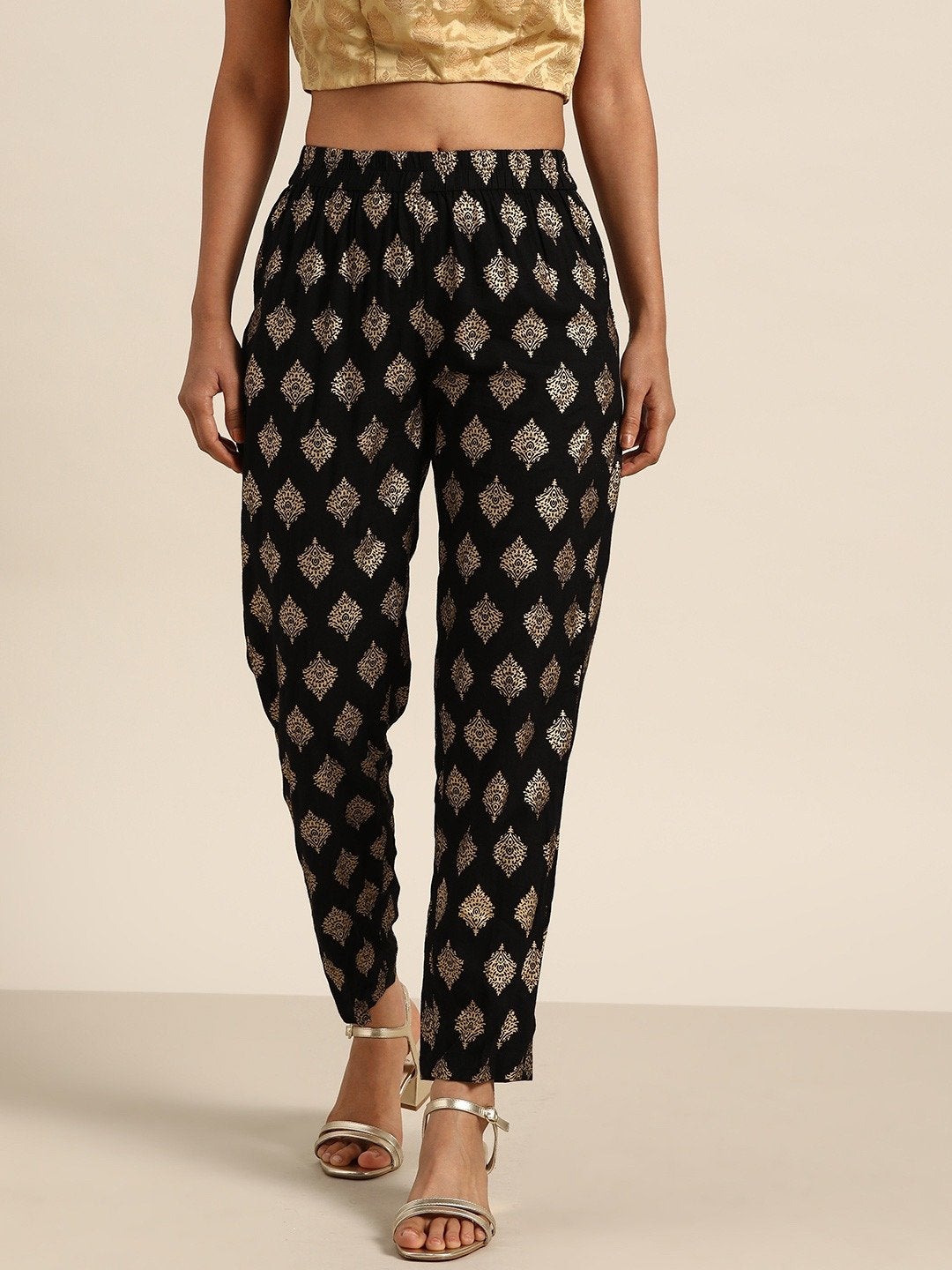 Women's Black Floral Foil Pencil Pants