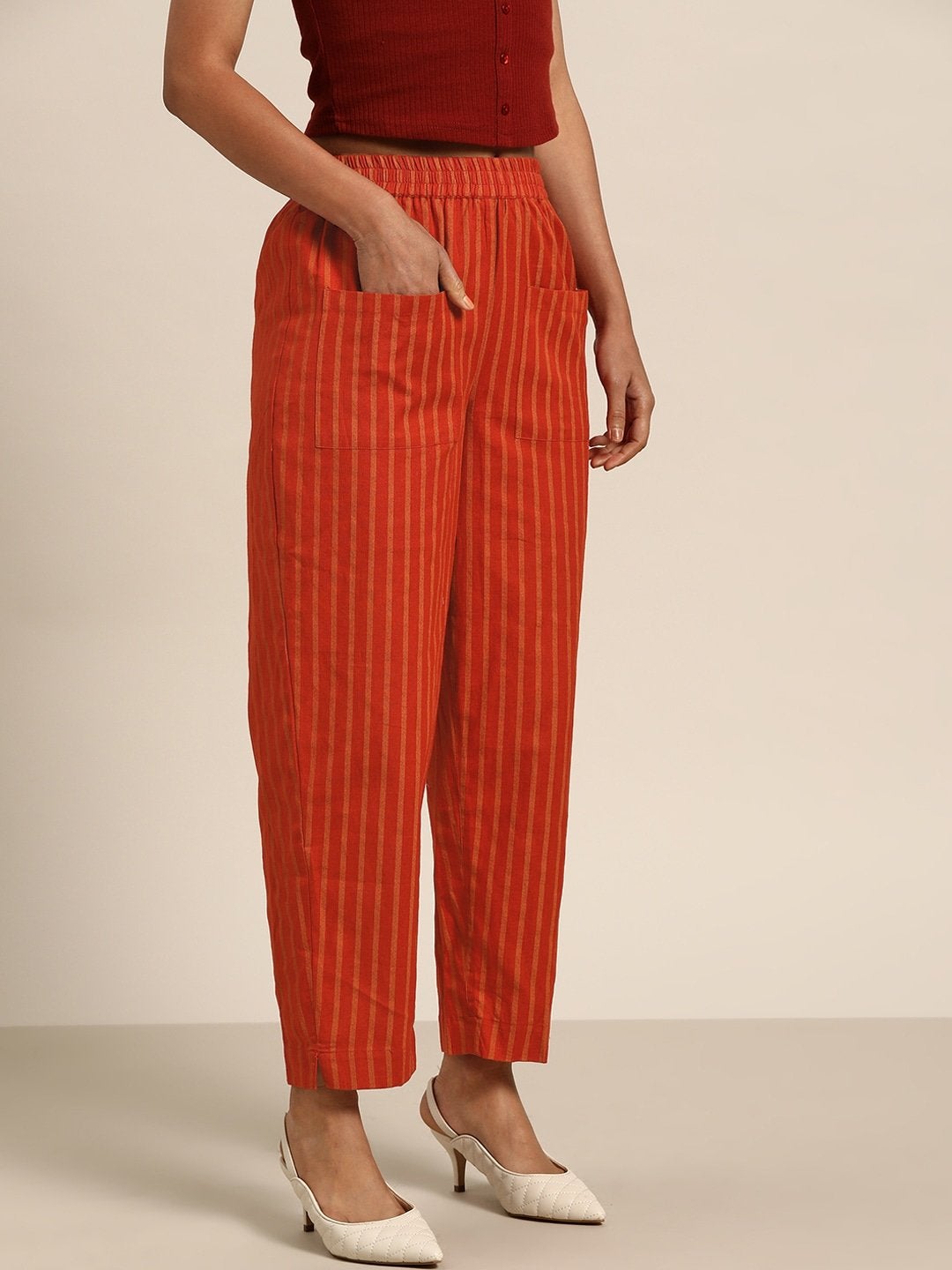 Women's Rust Stripes Over Patch Pocket Pants