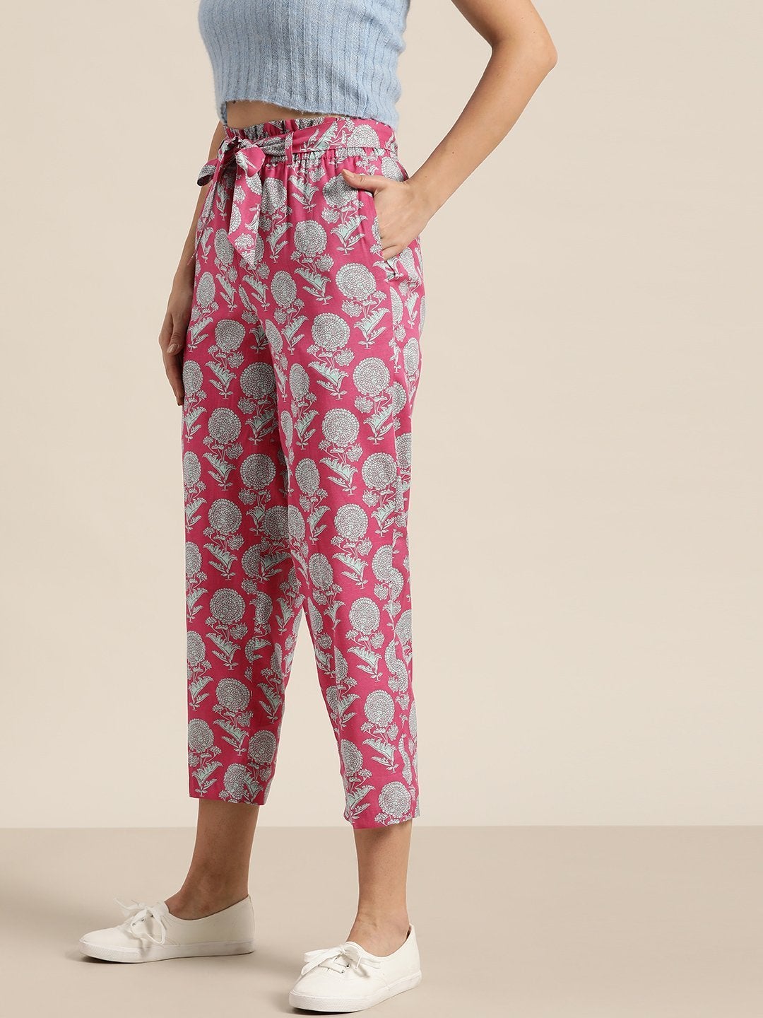Women's Pink Floral Paperbag Waist Pants