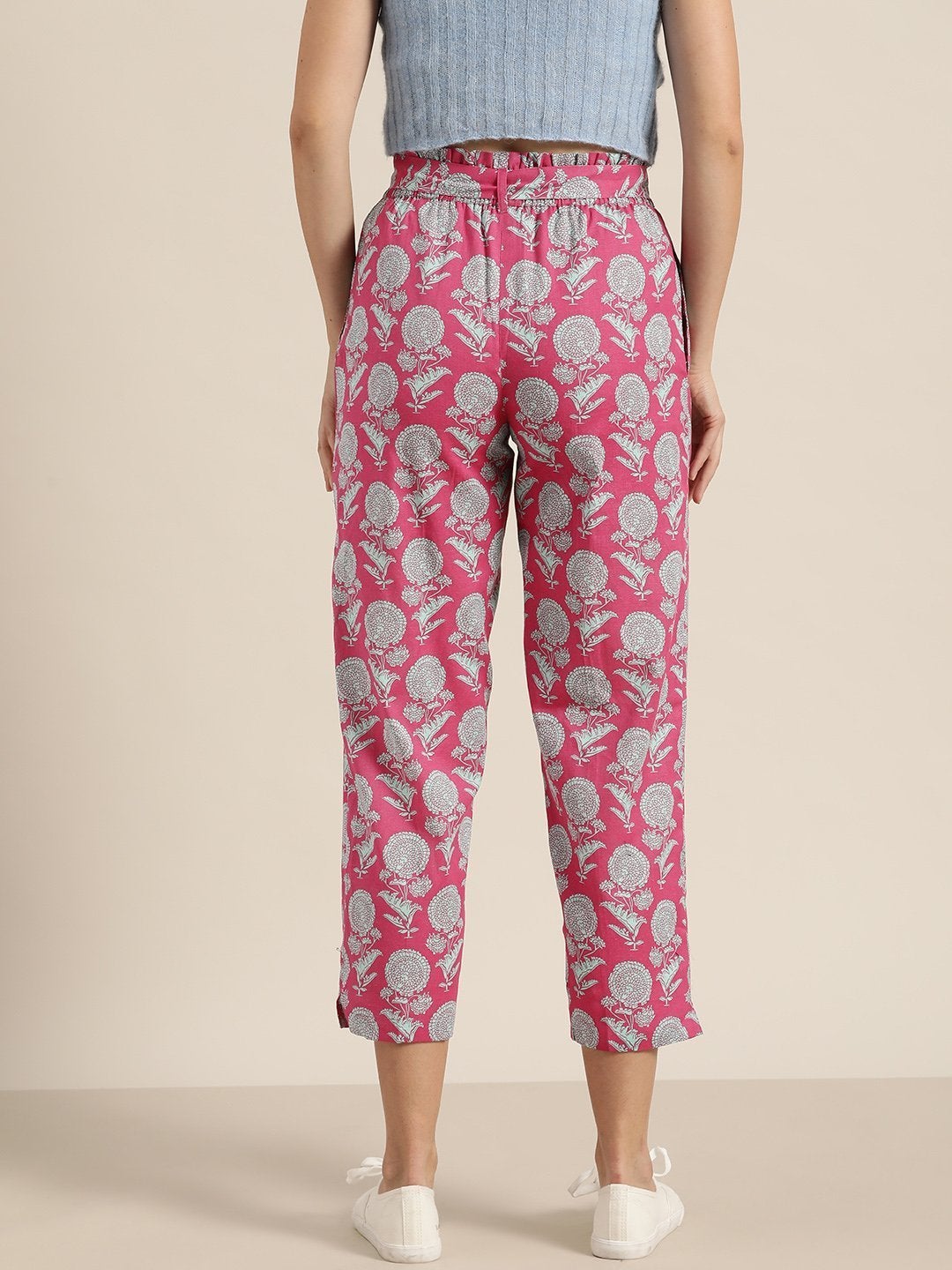 Women's Pink Floral Paperbag Waist Pants