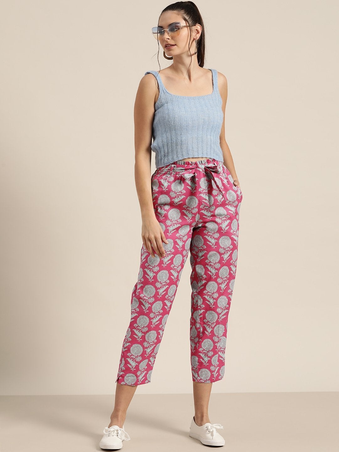 Women's Pink Floral Paperbag Waist Pants