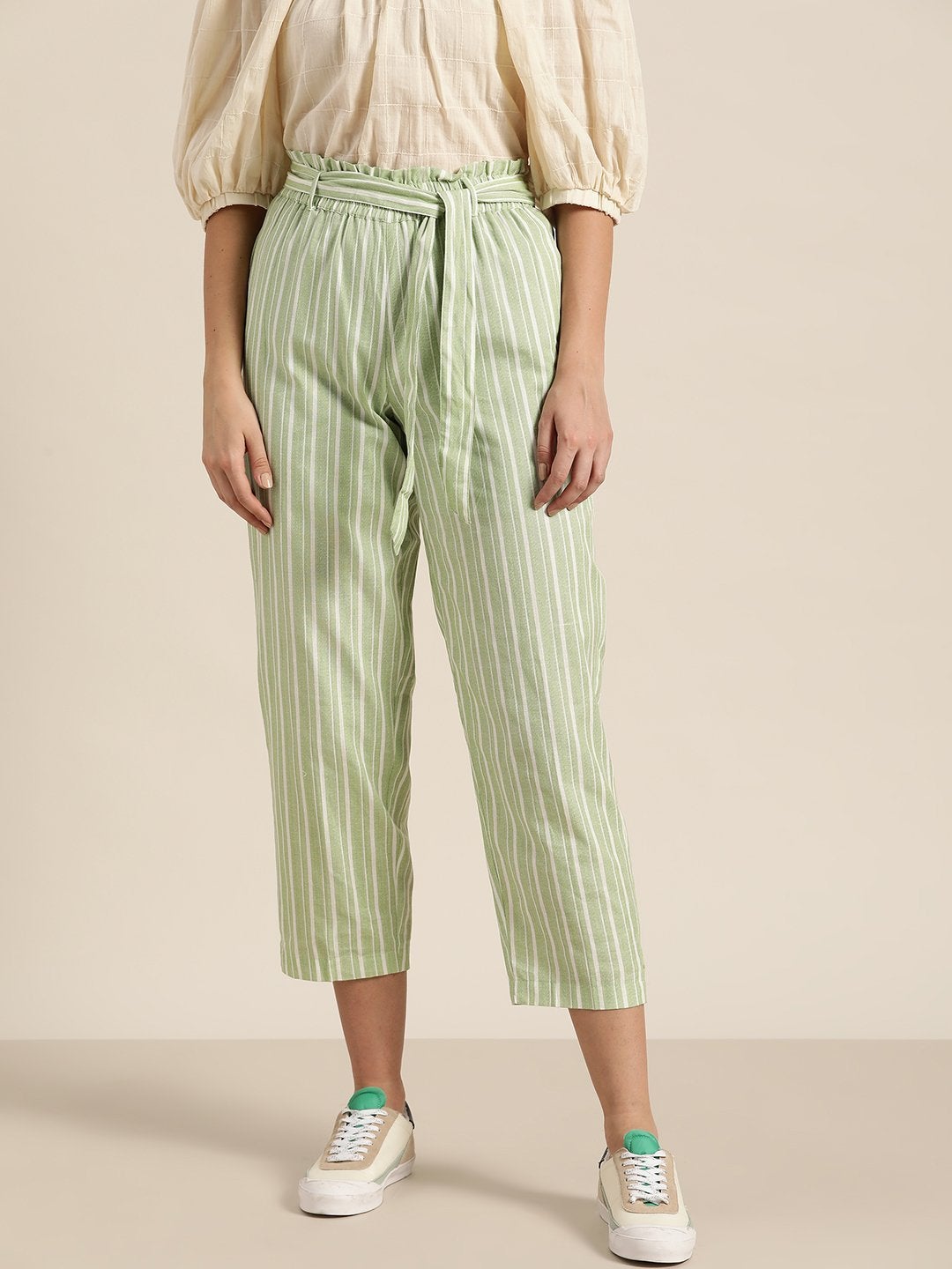 Women's Green Stripes Paperbag Waist Pants - SHAE