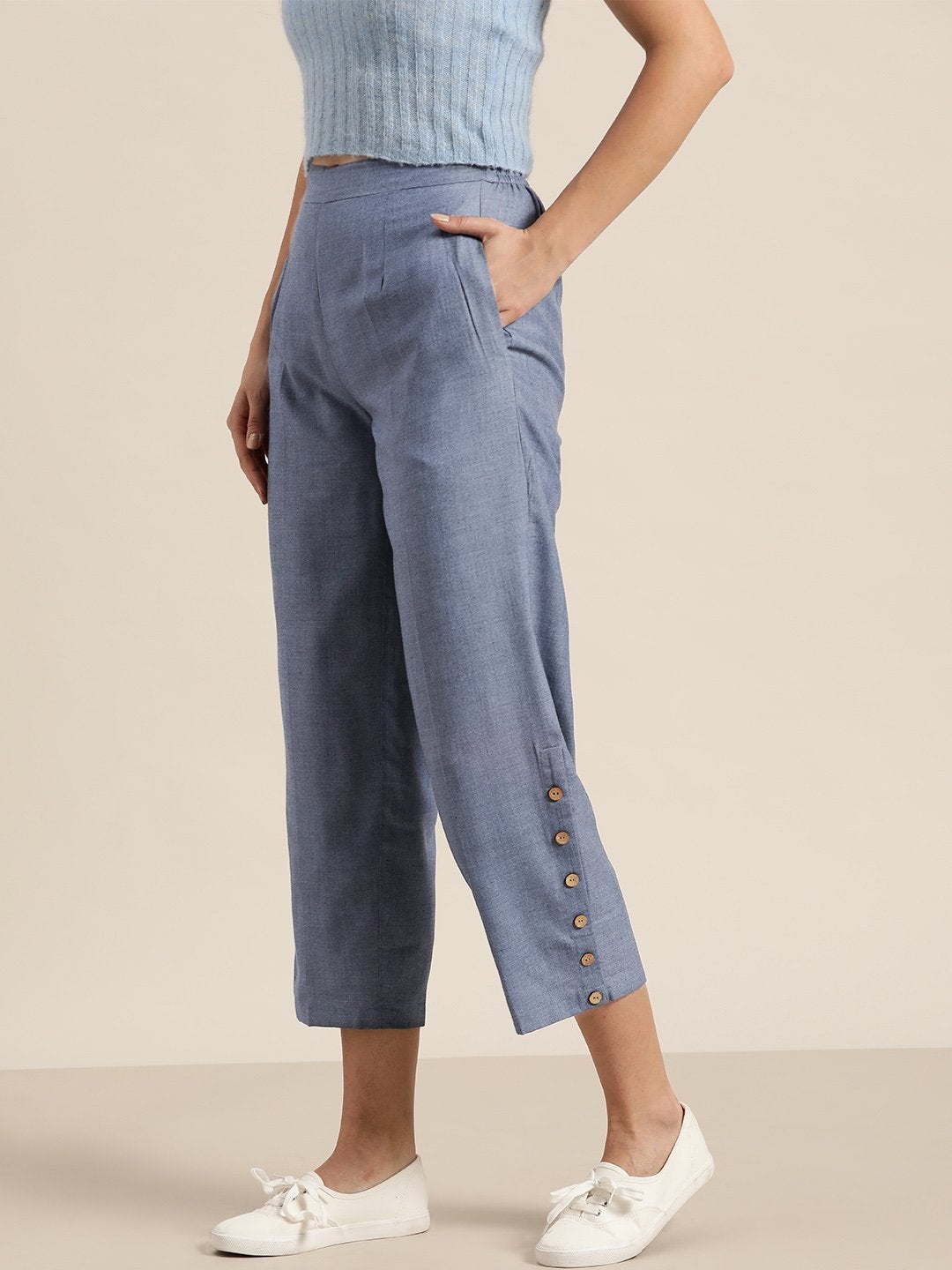 Women's Blue Side Button Placket Pants - SHAE