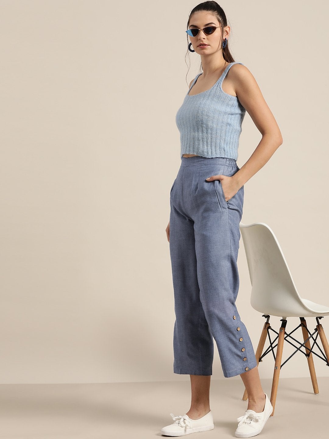 Women's Blue Side Button Placket Pants - SHAE