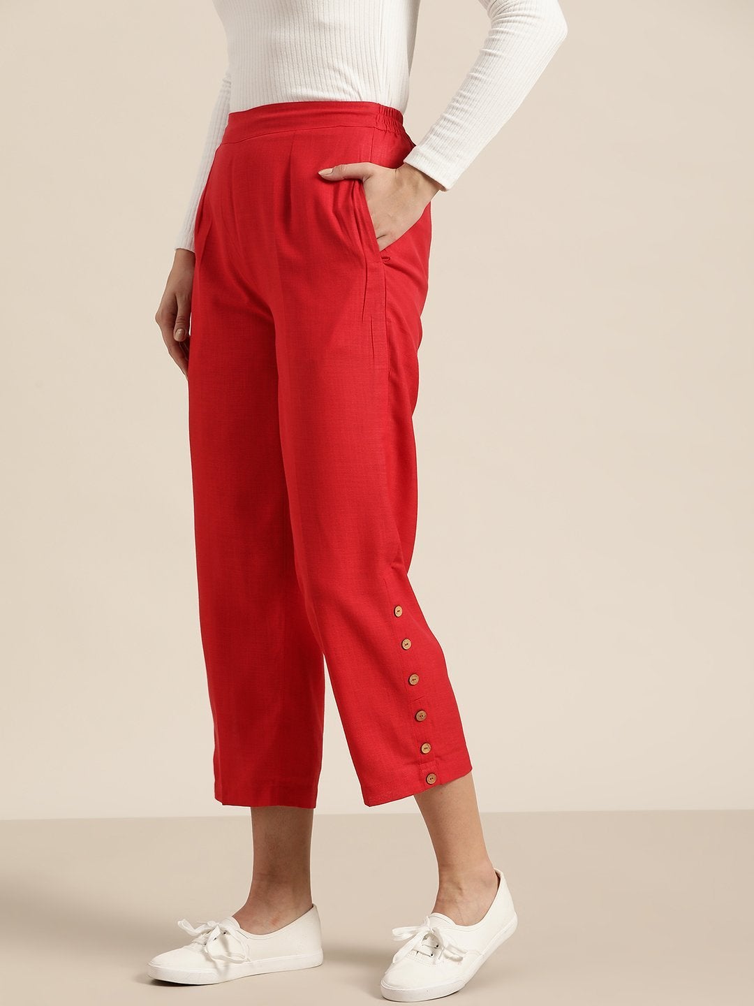 Women's Red Side Button Placket Pants - SHAE