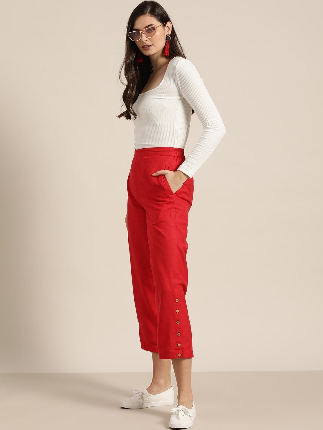 Women's Red Side Button Placket Pants - SHAE