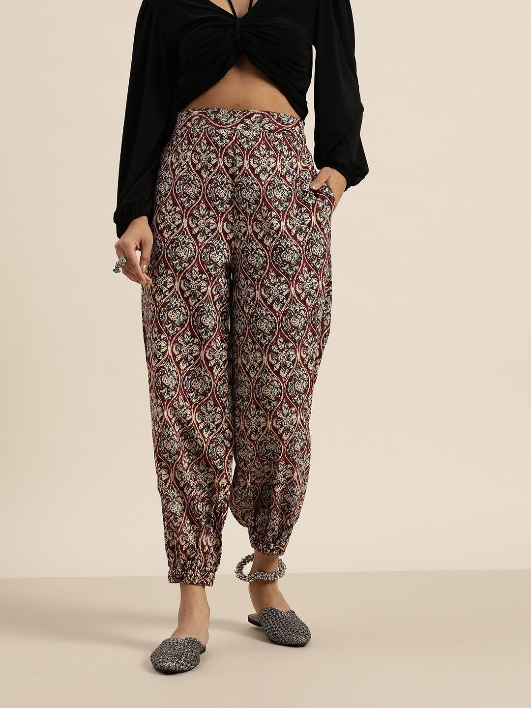 Women's Chocolate Brown Floral Cuffed Pants - SHAE