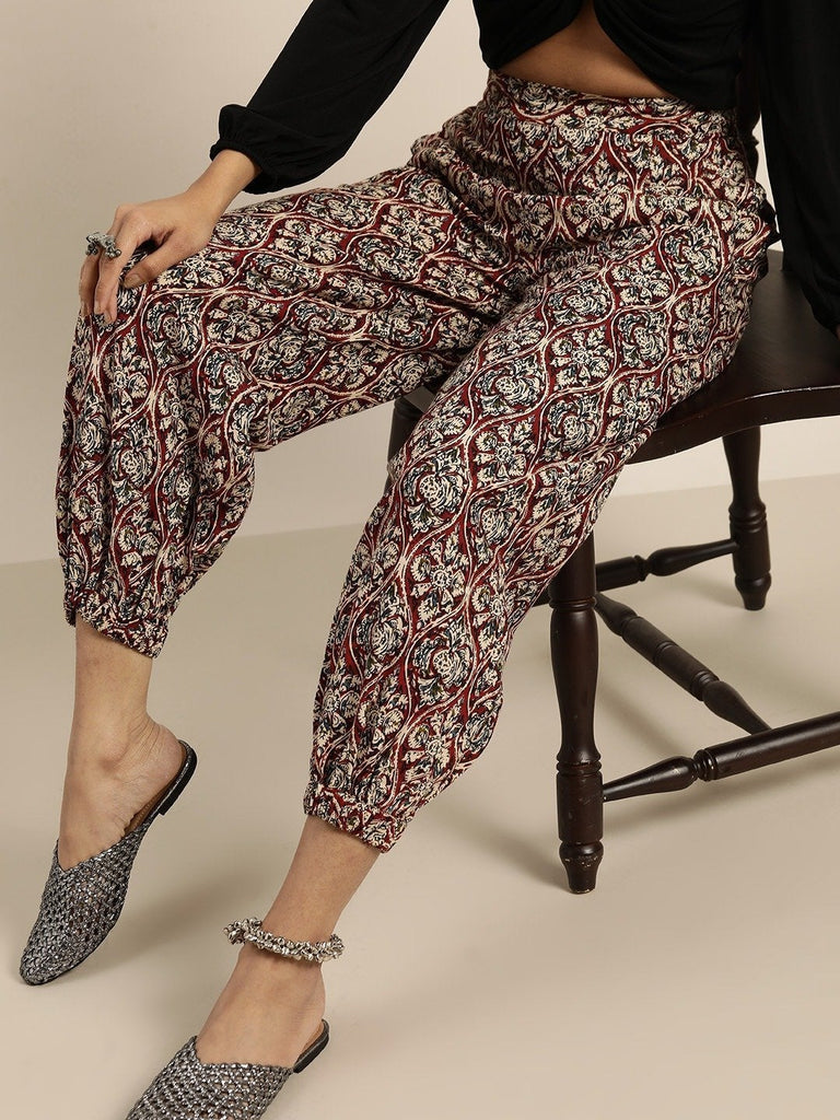 Women's Chocolate Brown Floral Cuffed Pants