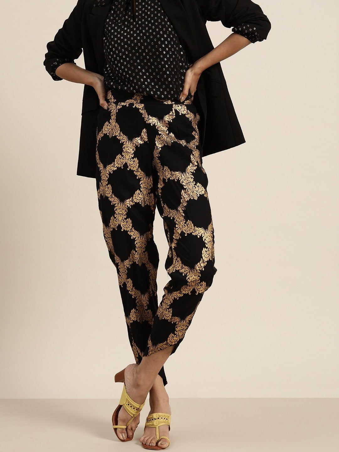 Women's Black Floral Foil Tulip Pants - SHAE