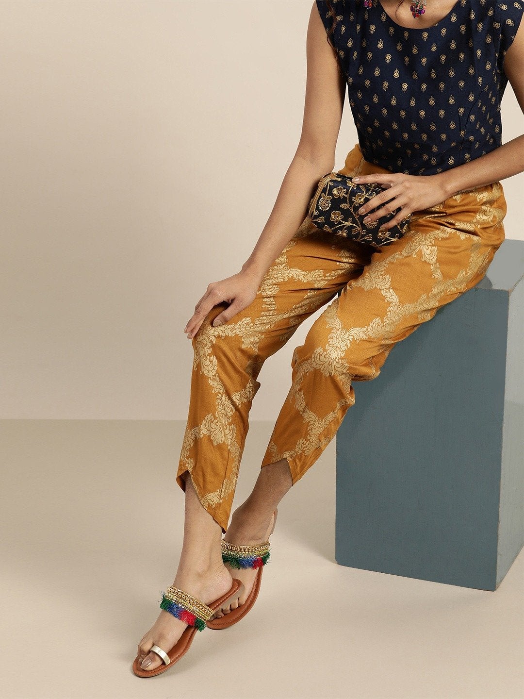 Women's Mustard Floral Foil Tulip Pants