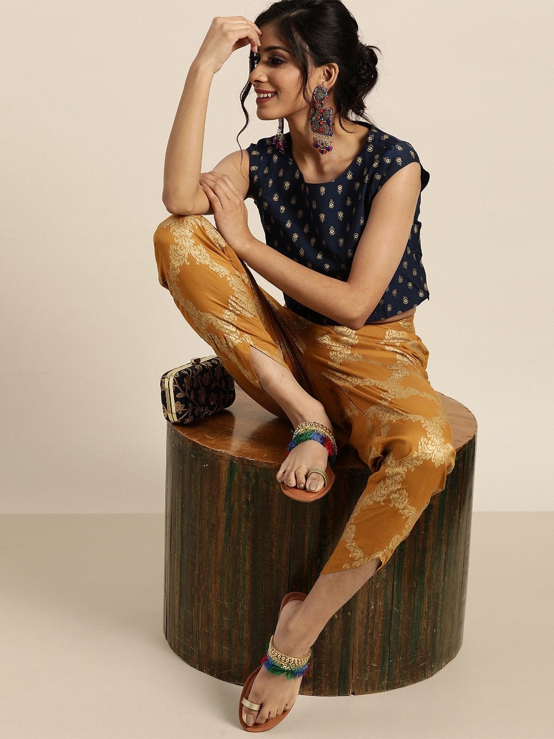 Women's Mustard Floral Foil Tulip Pants