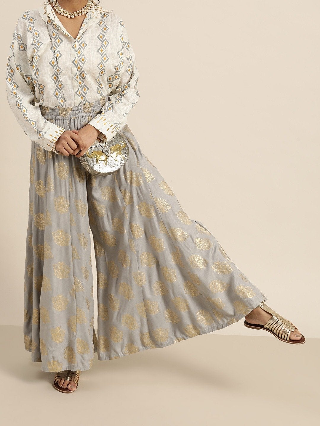 Women's Grey Foil Print Kali Palazzo Pants - SHAE