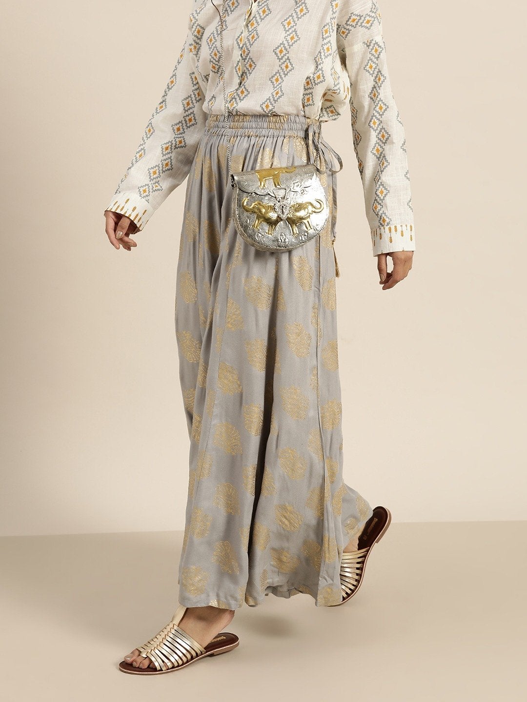 Women's Grey Foil Print Kali Palazzo Pants - SHAE