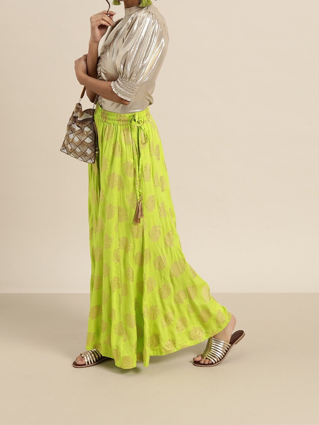 Women's Green Foil Print Kali Palazzo Pants - SHAE