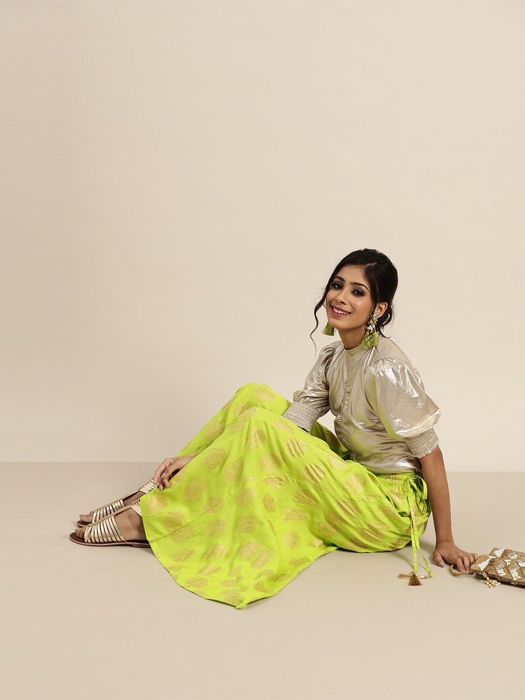 Women's Green Foil Print Kali Palazzo Pants - SHAE
