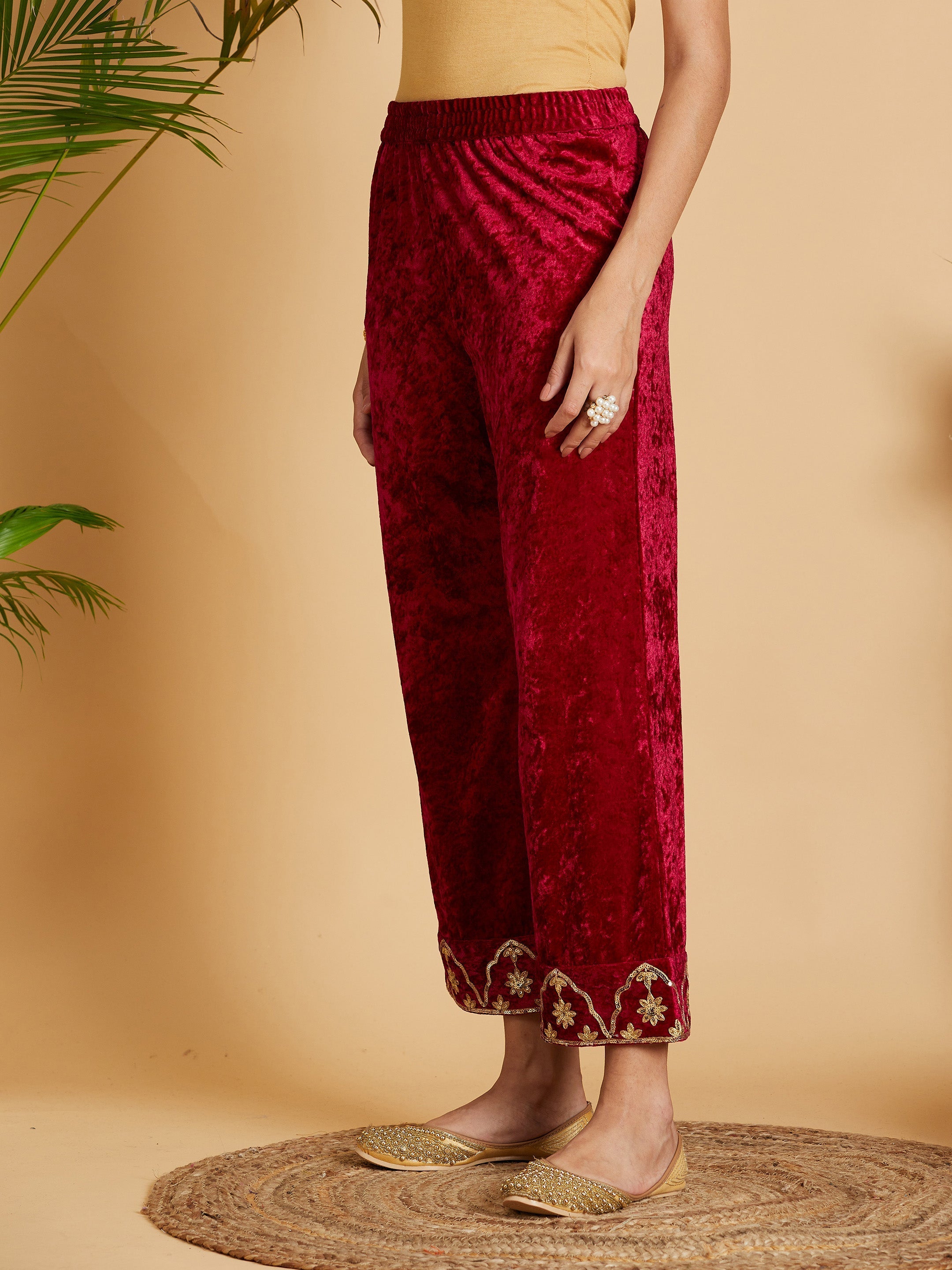 Women's Fuchsia Velvet Embroidered Straight Pants - Lyush