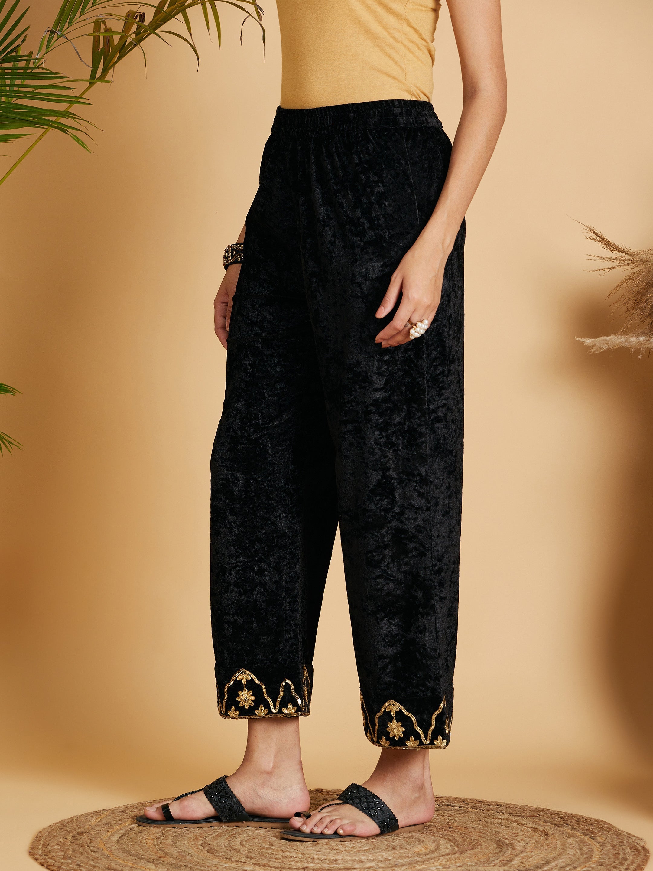 Women's Black Velvet Embroidered Straight Pants - Lyush