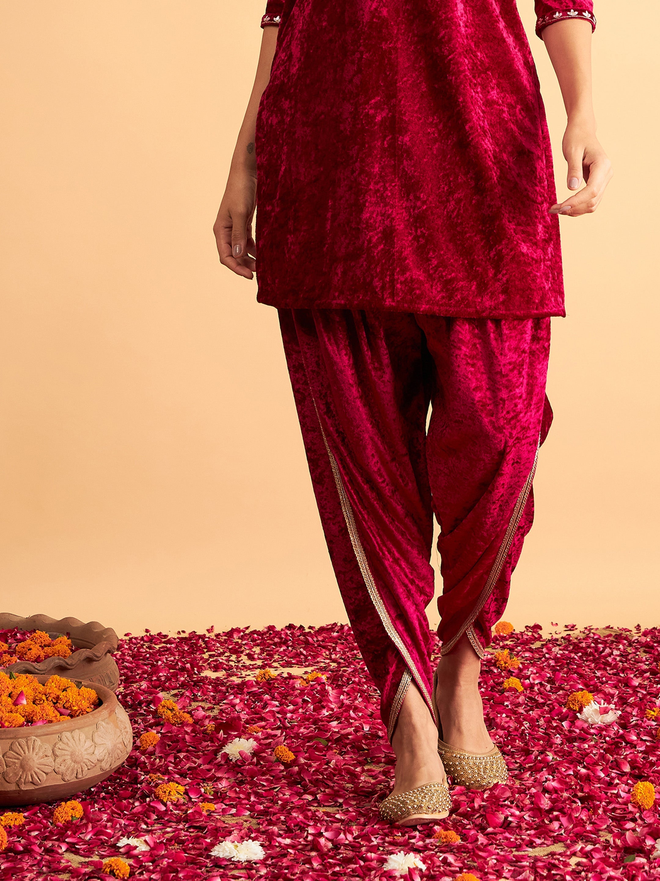 Women's Fuchsia Velvet Dhoti Pants - Lyush