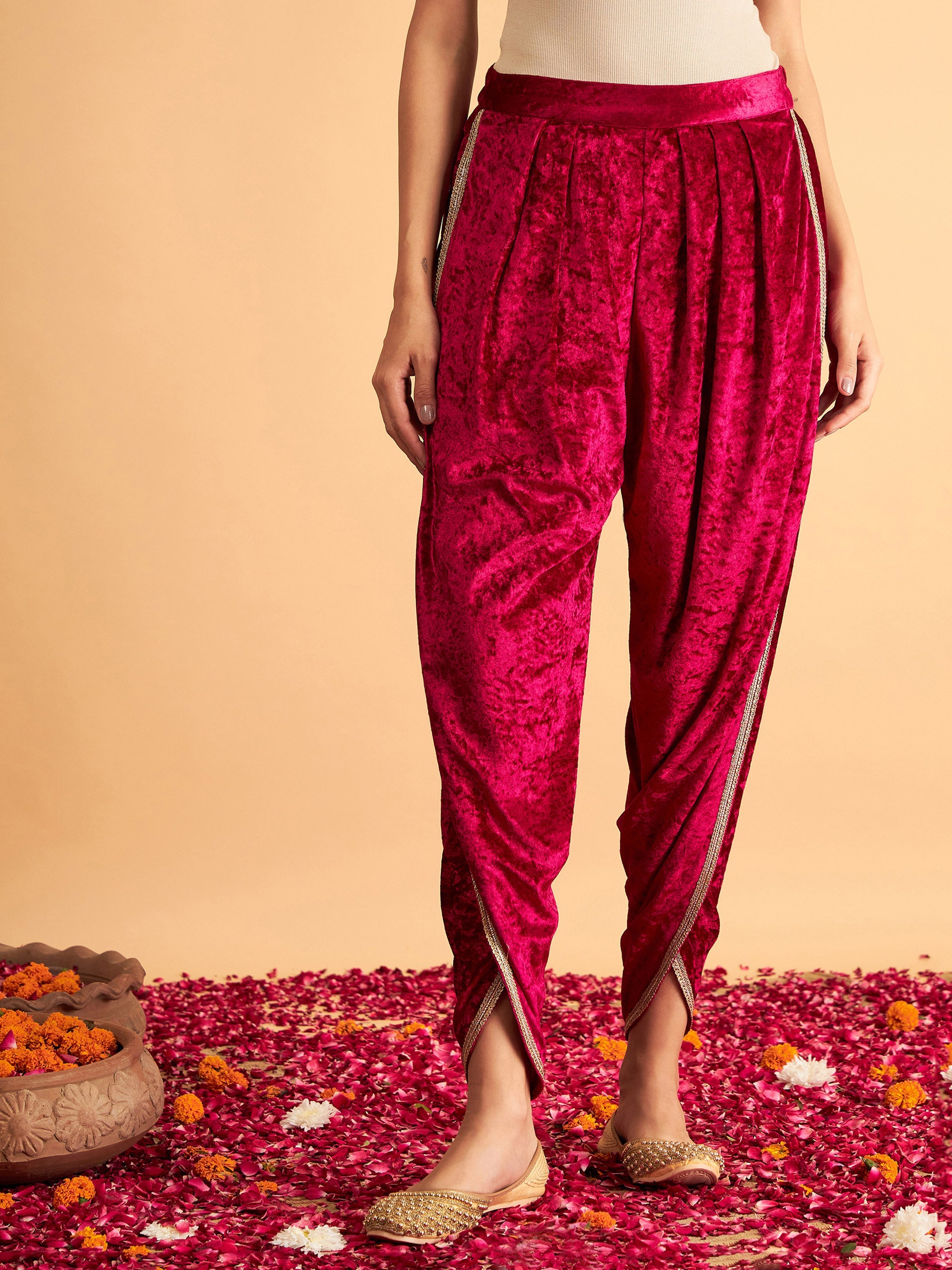 Women's Fuchsia Velvet Dhoti Pants - Lyush