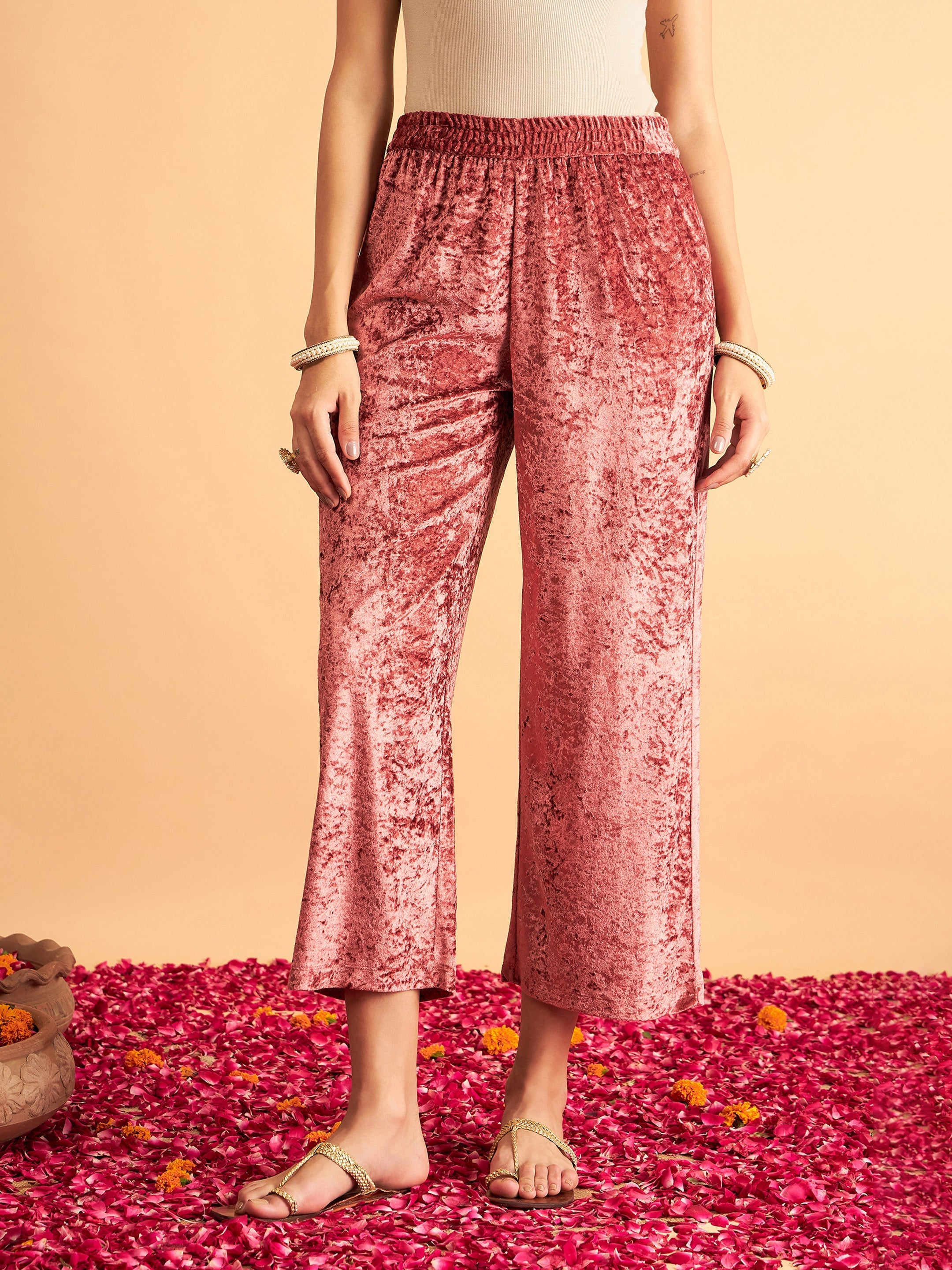Women's Pink Velvet Straight Pants - Lyush