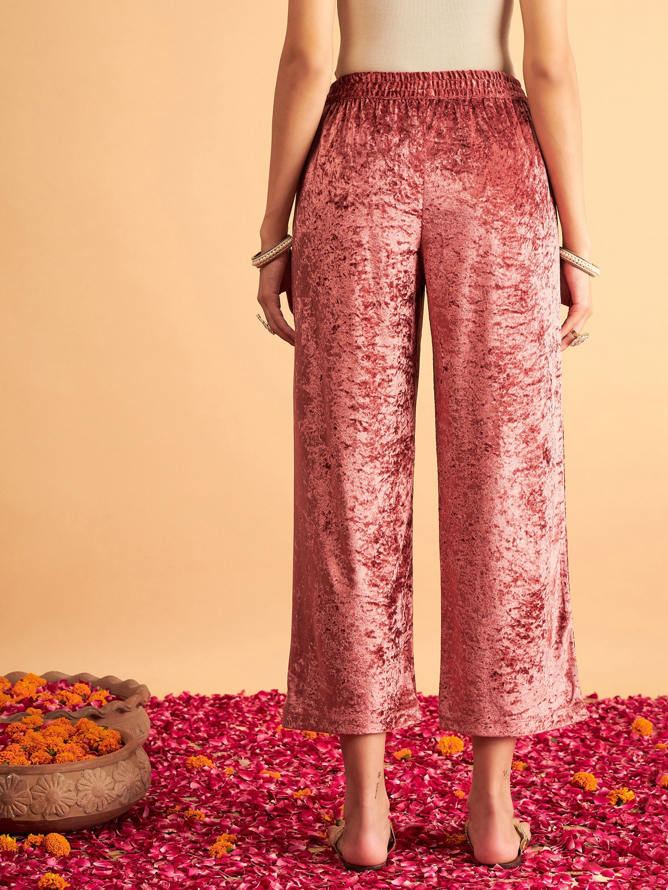 Women's Pink Velvet Straight Pants - Lyush
