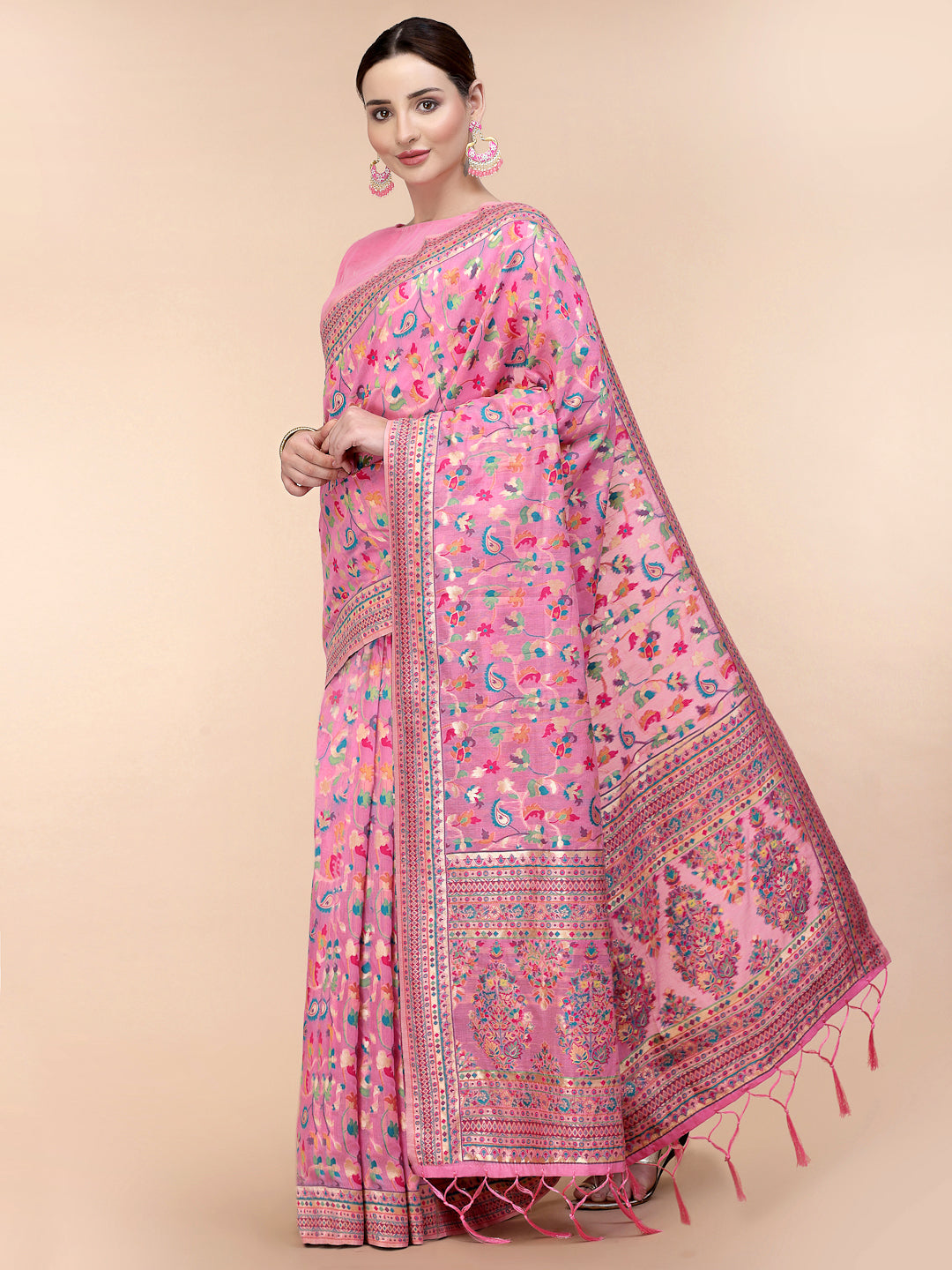 Women's Pink Silk Blend Woven Design Saree With Unstitched Blouse Piece - Navyaa