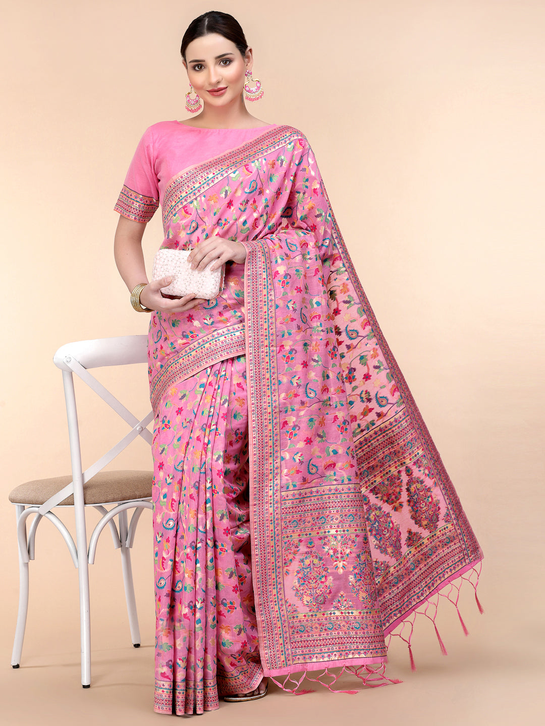Women's Pink Silk Blend Woven Design Saree With Unstitched Blouse Piece - Navyaa