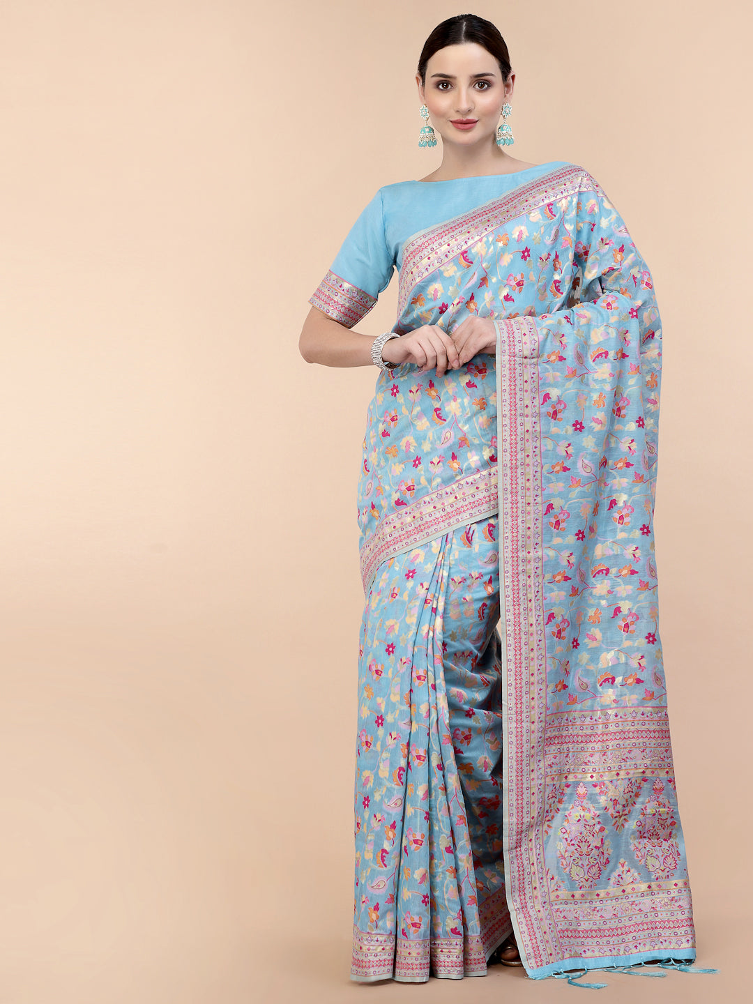 Women's Blue Silk Blend Woven Design Saree With Unstitched Blouse Piece - Navyaa