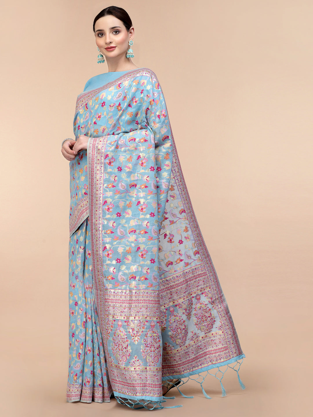 Women's Blue Silk Blend Woven Design Saree With Unstitched Blouse Piece - Navyaa