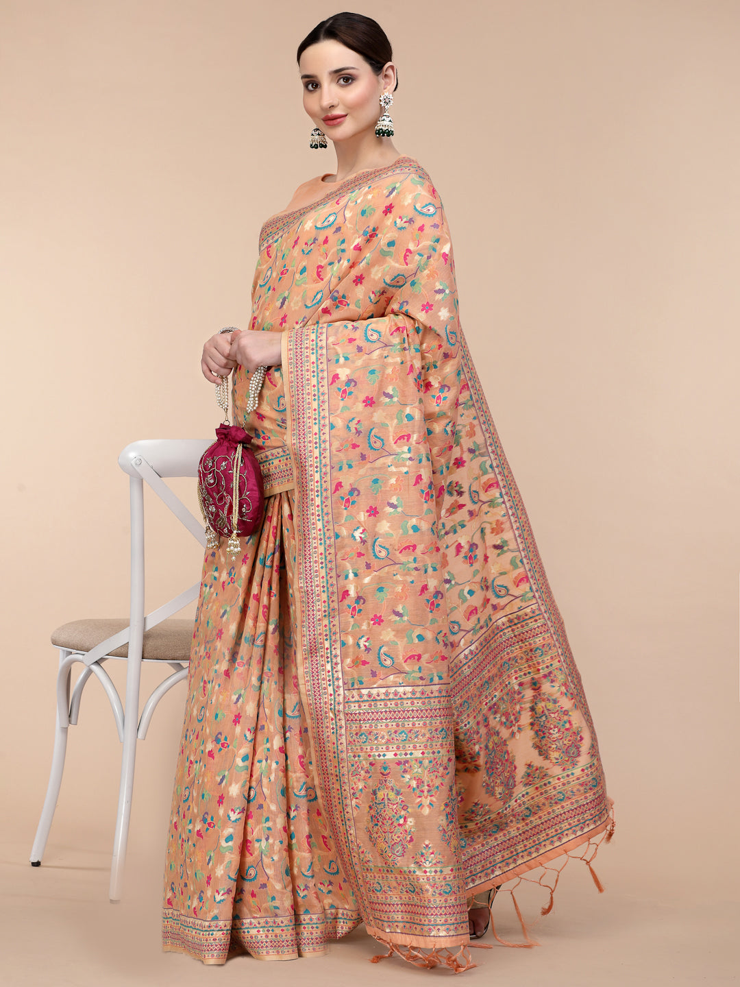 Women's Peach Silk Blend Woven Design Saree With Unstitched Blouse Piece - Navyaa