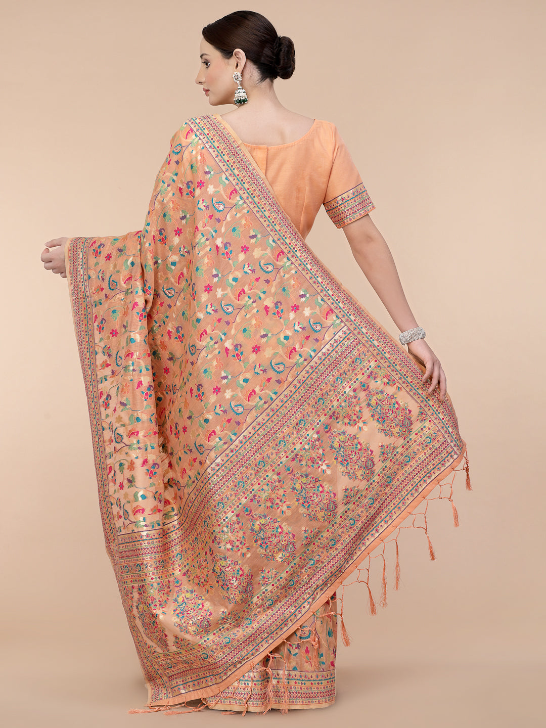 Women's Peach Silk Blend Woven Design Saree With Unstitched Blouse Piece - Navyaa